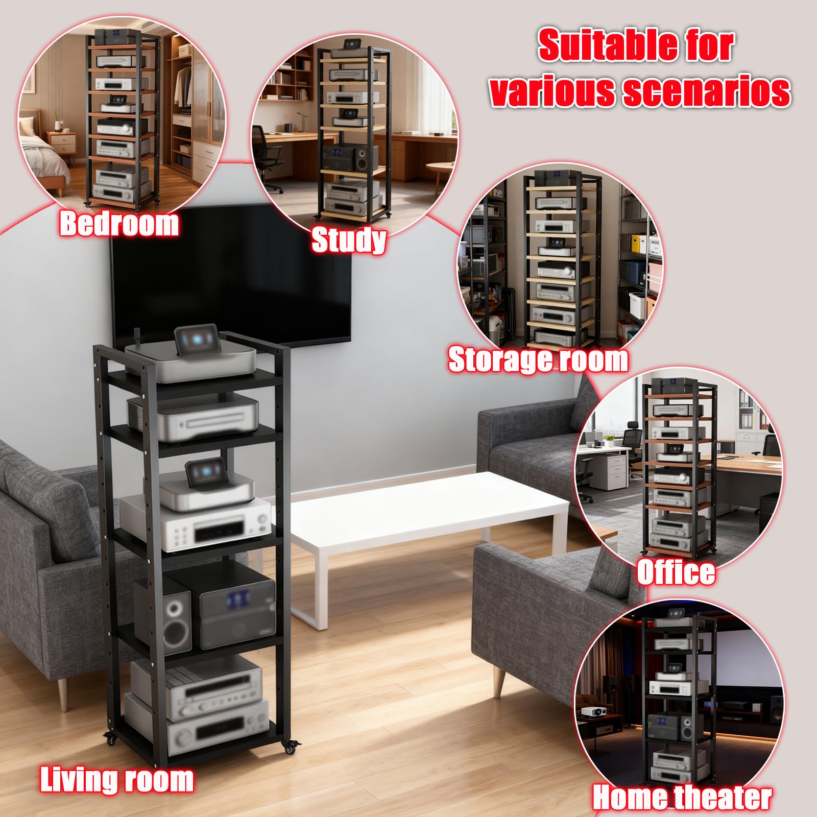 Scaffale stereo regolabile con ruote, supporto per componenti audio a 6 livelli, versatile scaffalatura per dispositivi multimediali, robusta struttura in noce per home theater, 60 x 40 x 161 cm