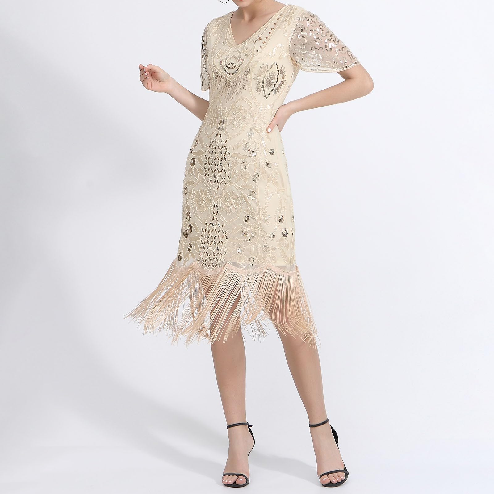 Robe des années 20 pour femme Gatsby années 1920 - Robe à franges pour femme - Vert et noir - Robe courte à franges - Costume Charleston - Manches courtes - Robe à paillettes - Carnaval