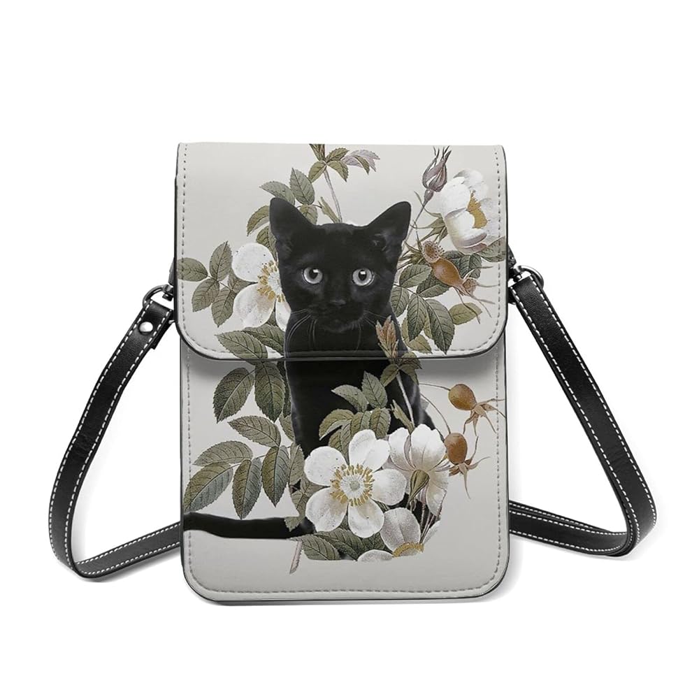 スマートフォンポシェット Amazon | スマホポーチ スマホポシェット 花 黒猫 ネコ柄 猫柄