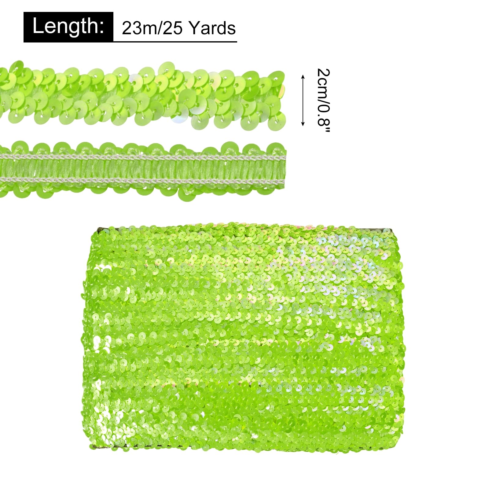 sourcing map 22,7 m Elastisches Pailletten-Besatz, flach, Pailletten-Streifen, Pailletten-Stoffband für Handwerk, DIY, Fransen, Nähen, fluoreszierendes Grün
