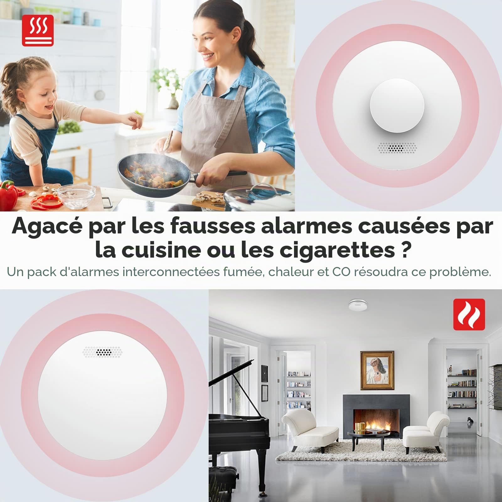 CPVAN Lot de 5 détecteurs de fumée, de chaleur et de monoxyde de carbone sans fil avec télécommande, autonomie de 10 ans, certifié CE, EN14604, BS5446, EN50291, pré-reliés