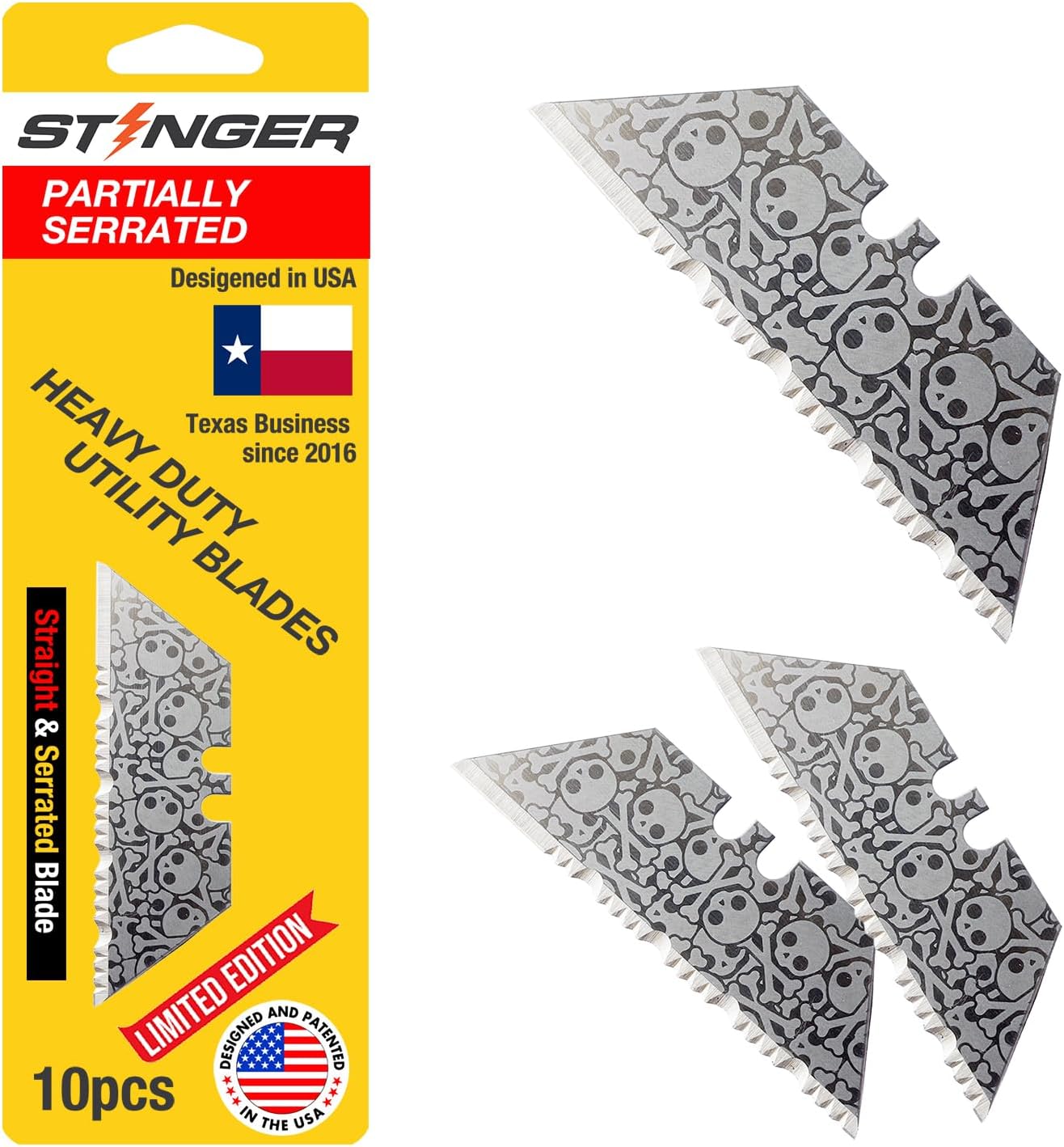 Stinger Special Edition Skulls Pattern Partially Serrated Utility Blades, SK5 Steel Box Cutter Blades, Standard Size Fits Most Utility Knives, 10-Pack with Plastic Case