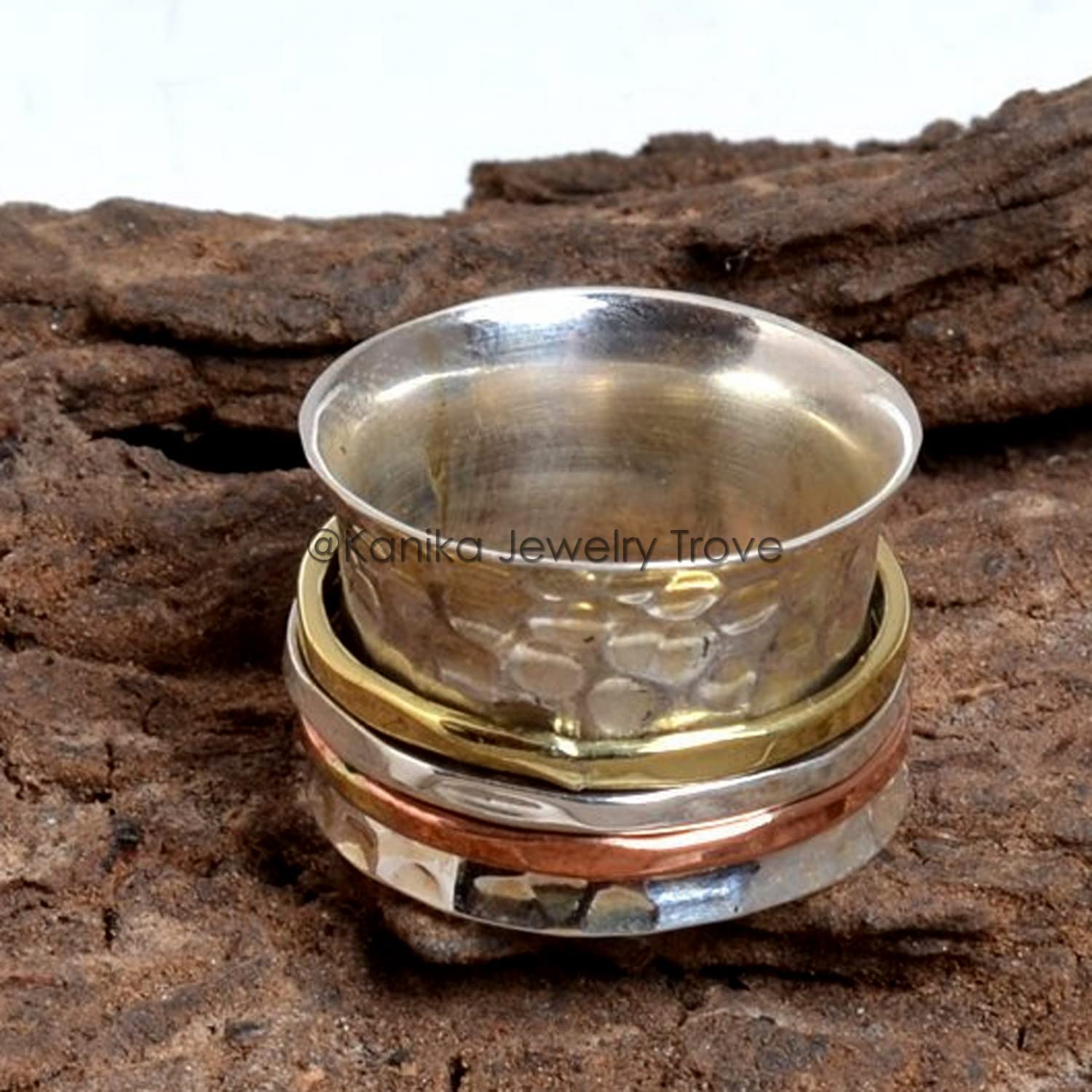 Anillos de plata de banda ancha para mujer,Spinner Band Rings, Anxiety Ring for Meditaion, 925 Sterling Silver Band, Brass and Copper Spinner Ring for Women, Gift Ring for Christmas