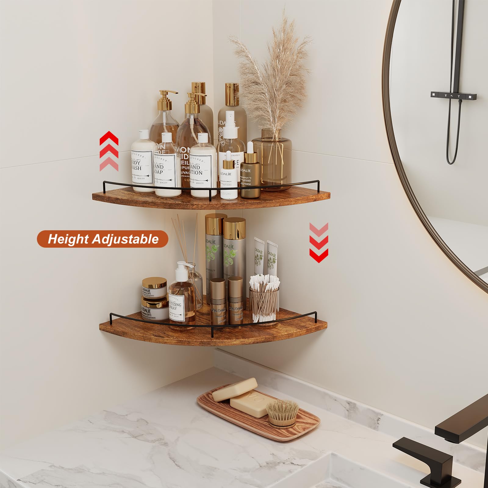 JJL Estante Angular Pared, 30 cm 2 Niveles, Diseño de Abanico, Estilo rústico, con barandilla, Marrón Rústico, decoración Almacenamiento rincones apartamento, Dormitorio, Cocina, baño