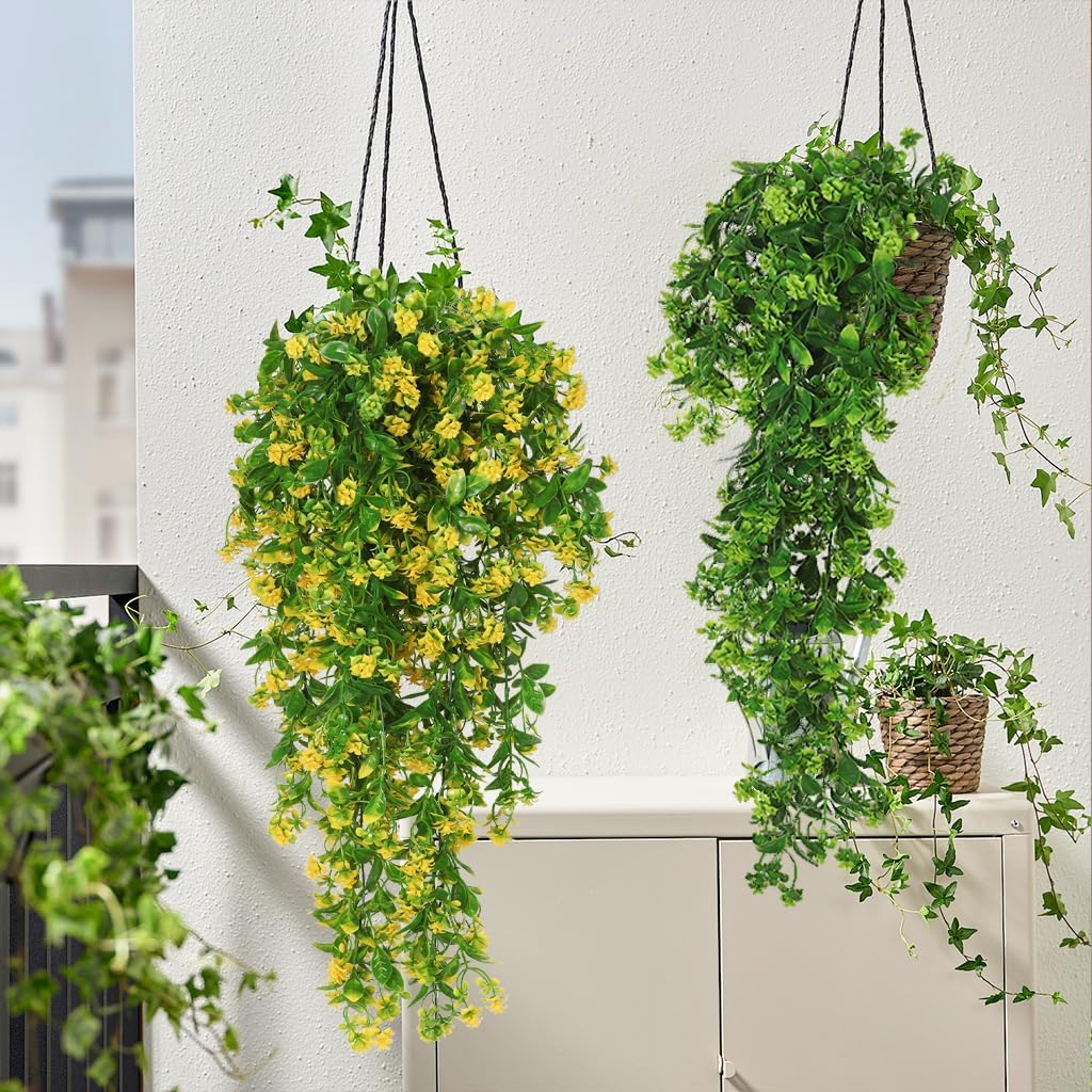 RECUTMS Hanging Plants Fake Vines Fake Hanging Plants Outdoor Greenery Faux Greenery 2Pcs Artificial Hanging Flower for Outdoors Hanging Basket Plastic Home Garden Wedding Party Decorations(Yellow)