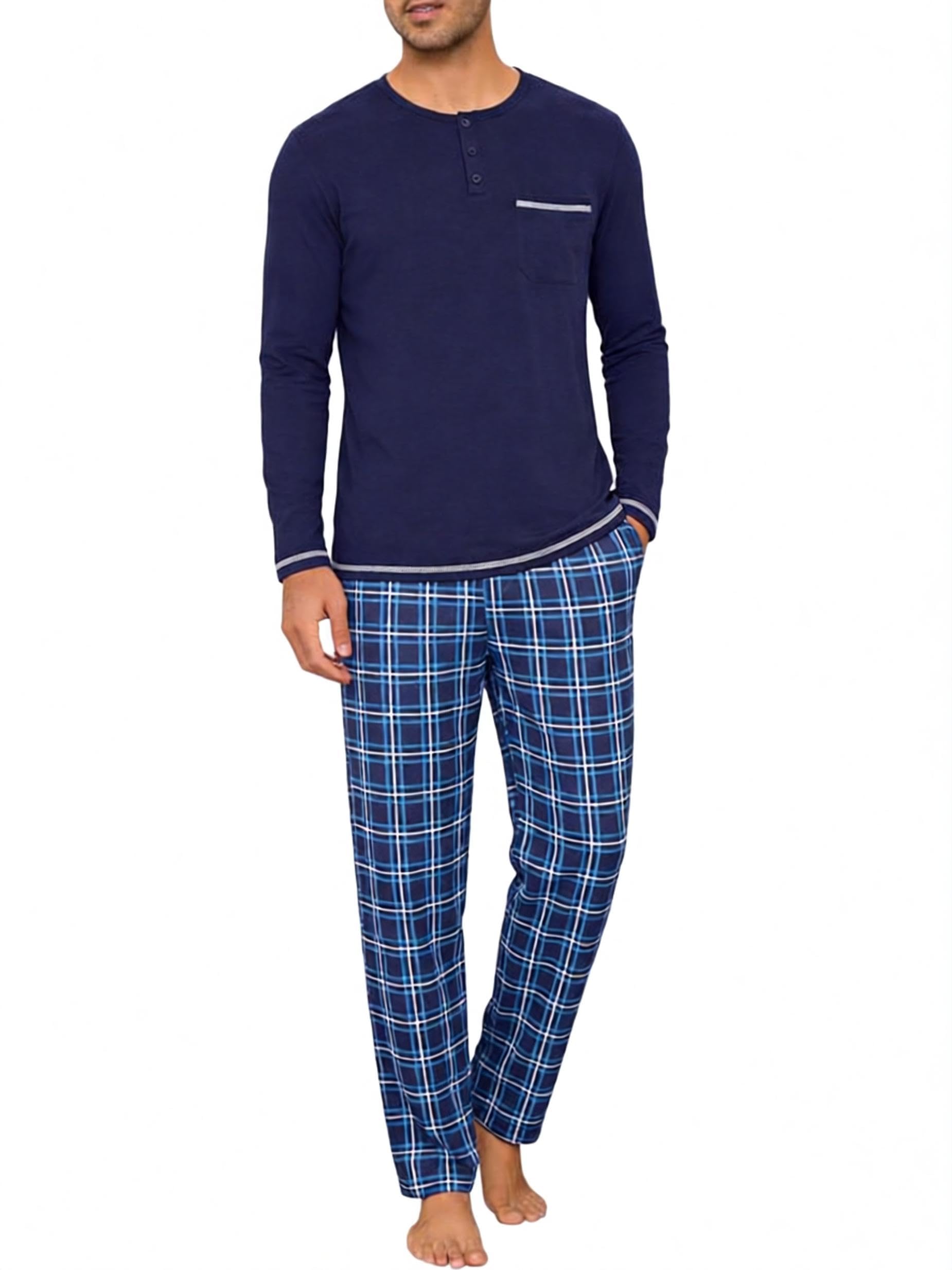 Litherday Schlafanzug Herren Lang Baumwolle Winter Pyjama Set Karierte Hose | Nachtwäsche Herren mit Langarm Oberteil und karierter Schlafanzughose, Hausanzug Sleepwear Loungewear für Männer