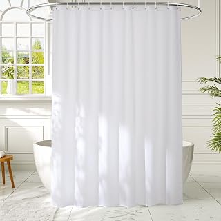 Furlinic Waterproof Shower Curtain Liner 72x72 White Polyester,Quick Dry Fabric Liner with Heavy Hem,12 Rustproof Plastic Hooks,Machine Washable and Hotel Quality,Easy to Install.