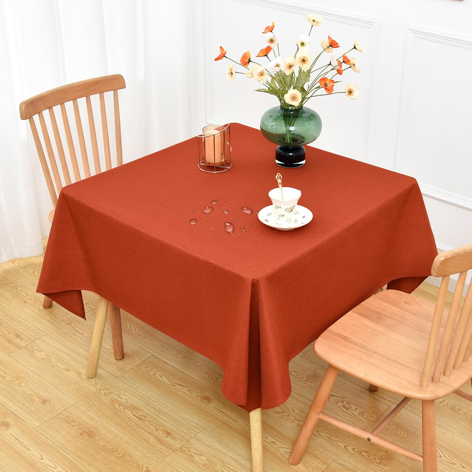 NEWISHER Farmhouse Water Resistant Square Tablecloth 138x138 cm (54x54 inch), Faux Linen Table Cloth Wipe Clean, Washable Table Cover for Kitchen Dining, Party, Banquet Indoor Outdoor (Rust)