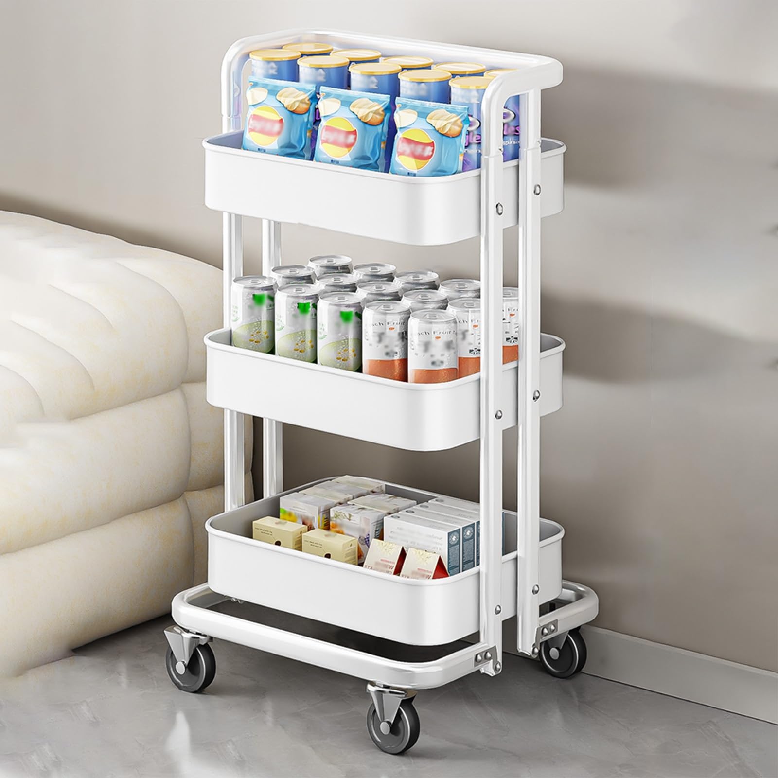 METTEOR Snack Storage Rack,Snack Rack for Kitchen/Supermarket/Barber Shop, Portable Market Shelf Retail Display Rack with Universal Wheel, Large Capacity Bakery Display Rack((White Small)