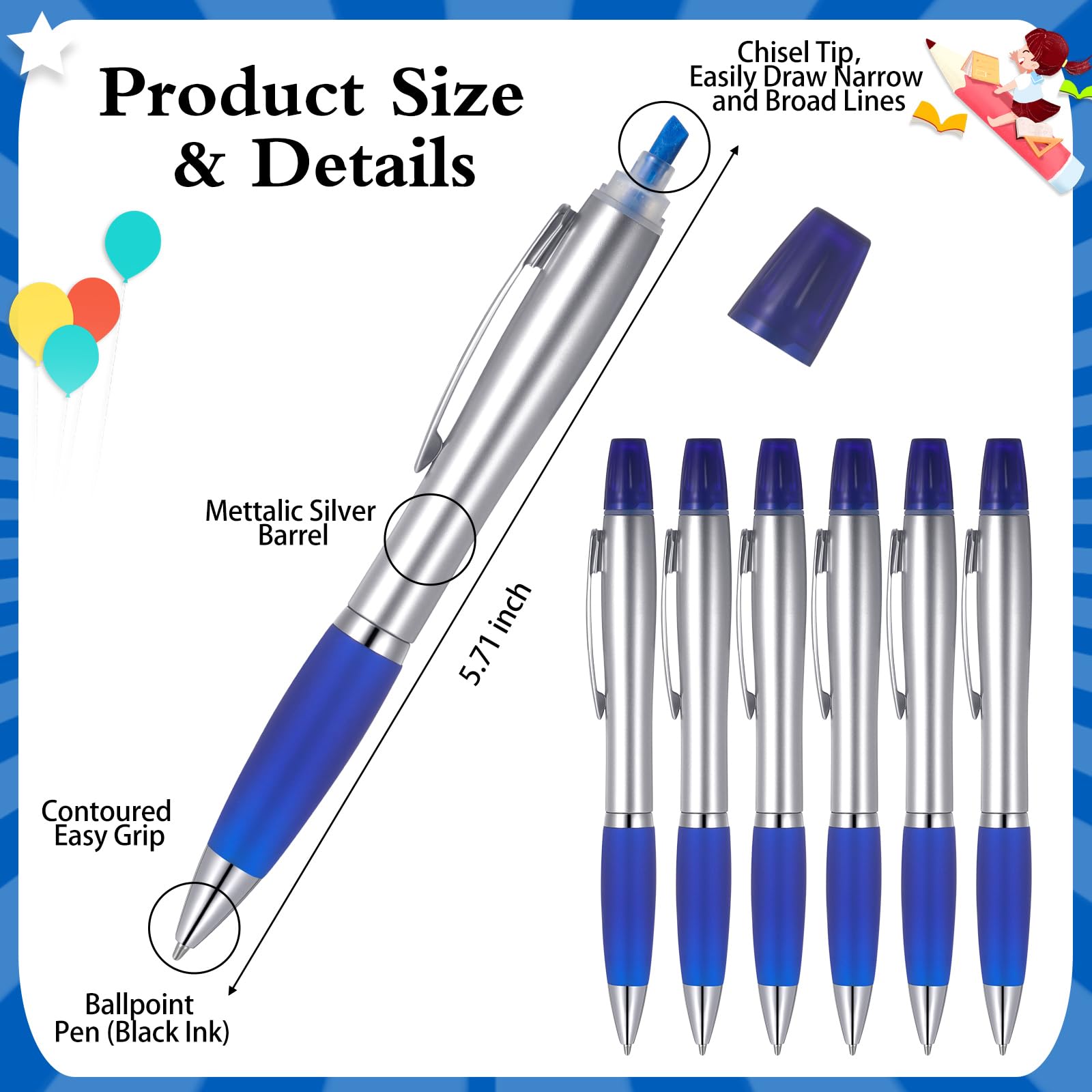 Colarr Textmarker mit Kugelschreiber, Kombi-Kugelschreiber mit Textmarker mit Keilspitzen, Stift, Textmarker, Combo für Studenten, Büro, Schreiben, Färben, Unterstreichen, Hervorhebung (blau), 30