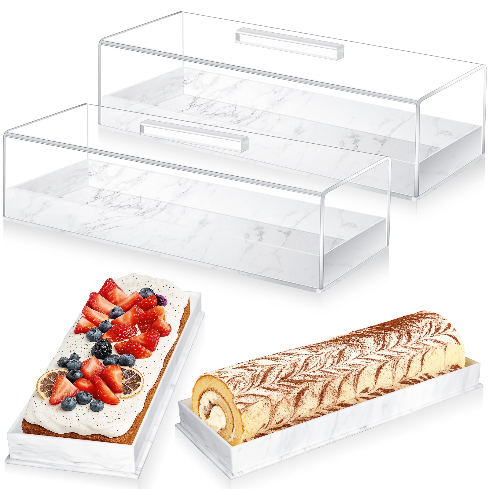 JTKDG 2 Pcs Rectangular Serving Tray with Lid Marbleized Grain Rectangular Cake Stand Acrylic Cake Holder Rectangle Pastry Display Case Elegant Marble Dessert Tray with Lid (Gray)