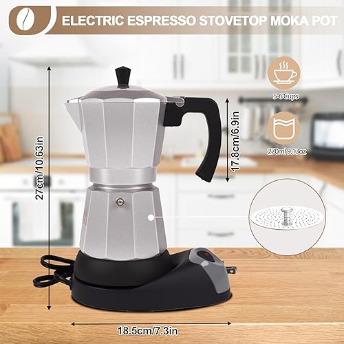 Miniatura 2 de Olla eléctrica de aluminio para moka de 5 a 6 tazas, 9.1 fl oz, cafetera expresa, portátil, cafetera italiana, clásica, greca, café, moca, con base