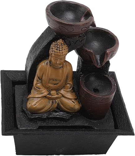 Miniatura 6 de Mumusuki Fuente de Buda, fuente de mesa de relajación de 3 niveles, fuente de agua de Buda, escultura decorativa con luz LED, ciclo de agua para
