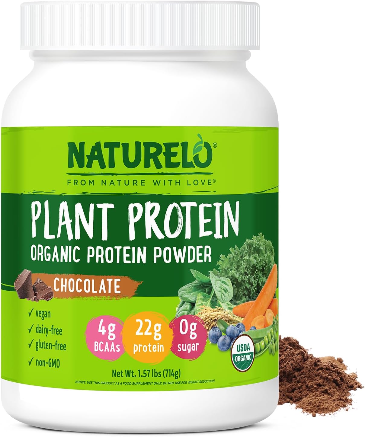 NATURELO Plant Protein Powder, Chocolate, 22g Protein - Non-GMO, Vegan, No Gluten, Dairy, or Soy - No Artificial Flavors, Synthetic Coloring, Preservatives, or Additives - 20 Servings