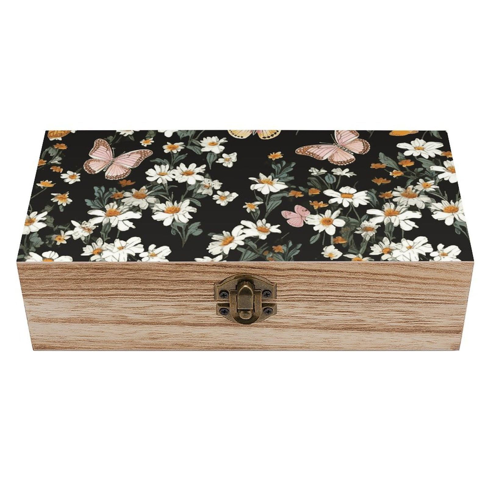Wooden Storage Box Various Butterflies And Daisies Wood Gift Box with Hinged Lid Vintage Decorative Jewelry Boxes Memory Box for Jewelry Art Hobbies Home Storage Treasure Keepsake Gift 7.9''x3.9''x2.