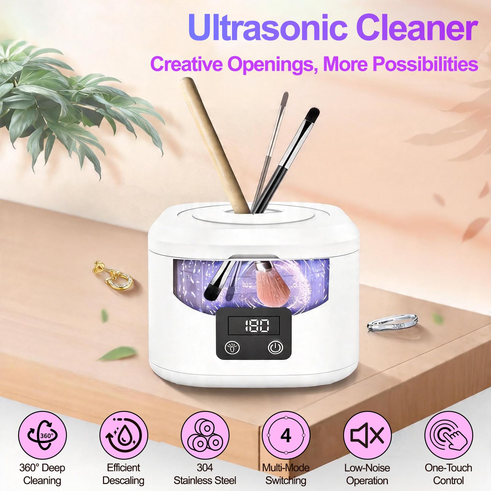 Limpiador ultrasónico 49000Hz con UV, 3 modos, pantalla digital, tanque inox 340ML, portátil para joyas, gafas, relojes, dentaduras, pinceles maquillaje