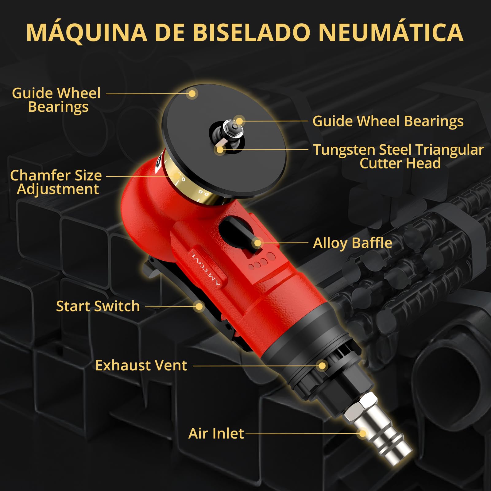 AMTOVL Mini Máquina de Biselado Neumático de 1/4",Biseladora Neumática de Arco de 45 Grados,Velocidad Ajsutable con Cuchilla de Recambio(10R+10C+4 Rodamientos) para Corte y Desbarbado de Metales