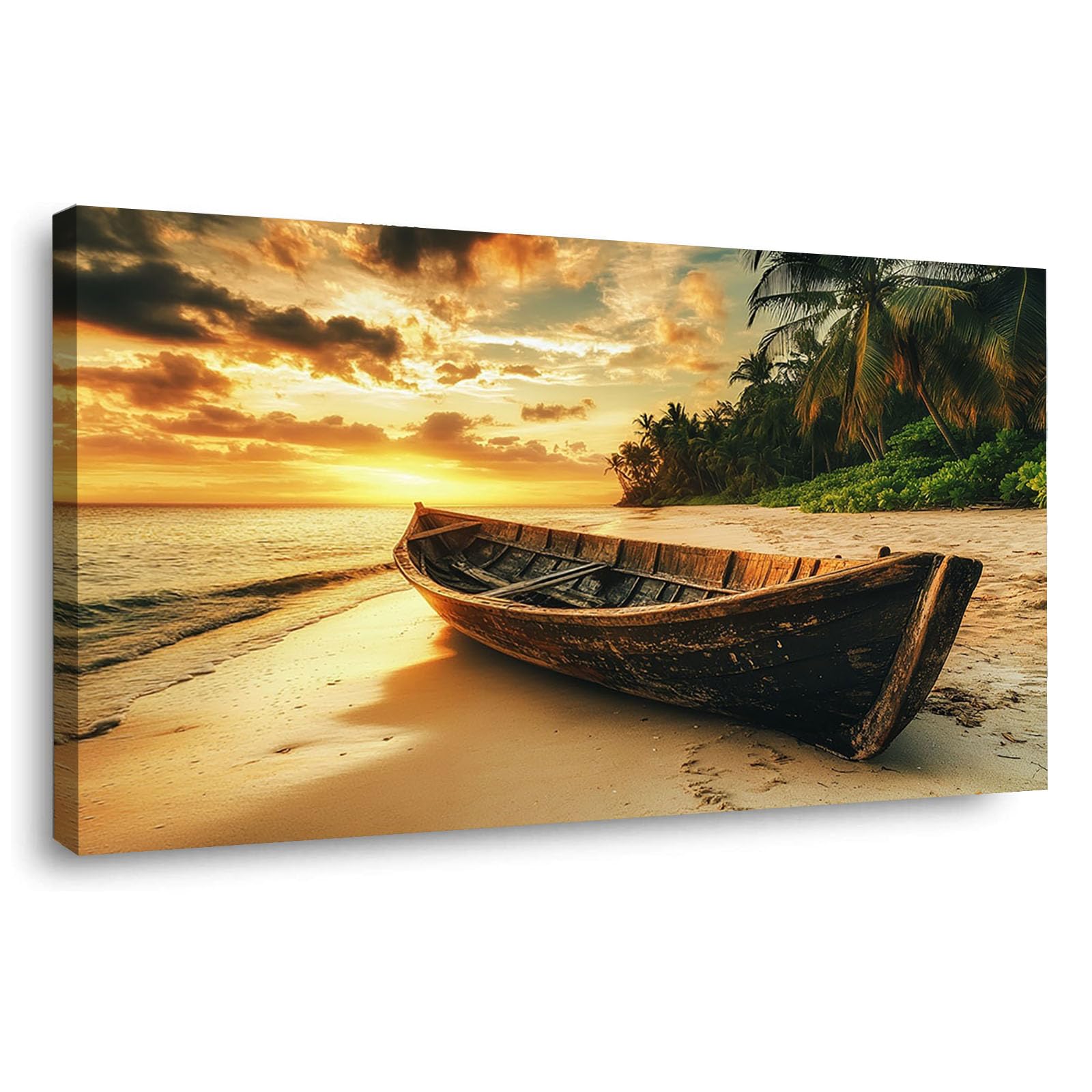 WIKEO Beach Pictures on Canvas Wall Art Sunset Beach Scenery Modern Prints Seaview Landscape Artwork - for Living Room Bedroom Home Office Wall Decoration(Gold 3)-20x40cm Framed