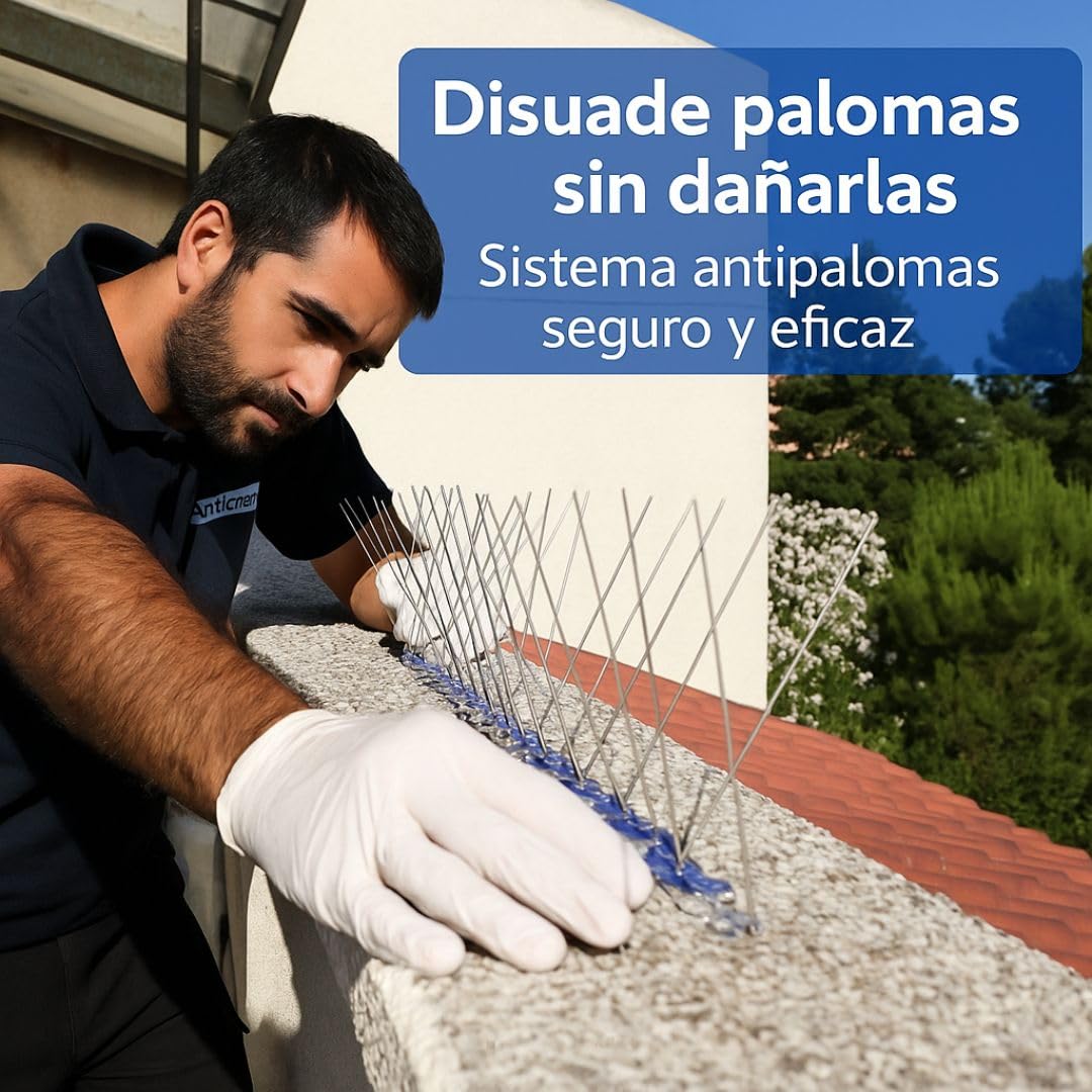 ANTICIMEX 5Metros Pinchos para Palomas de Acero Inoxidable con Cinta Adhesiva Fuerte para Ahuyentar Palomas y Pájaros | Ahuyentador Exterior para Balcones, Ventanas y Terrazas