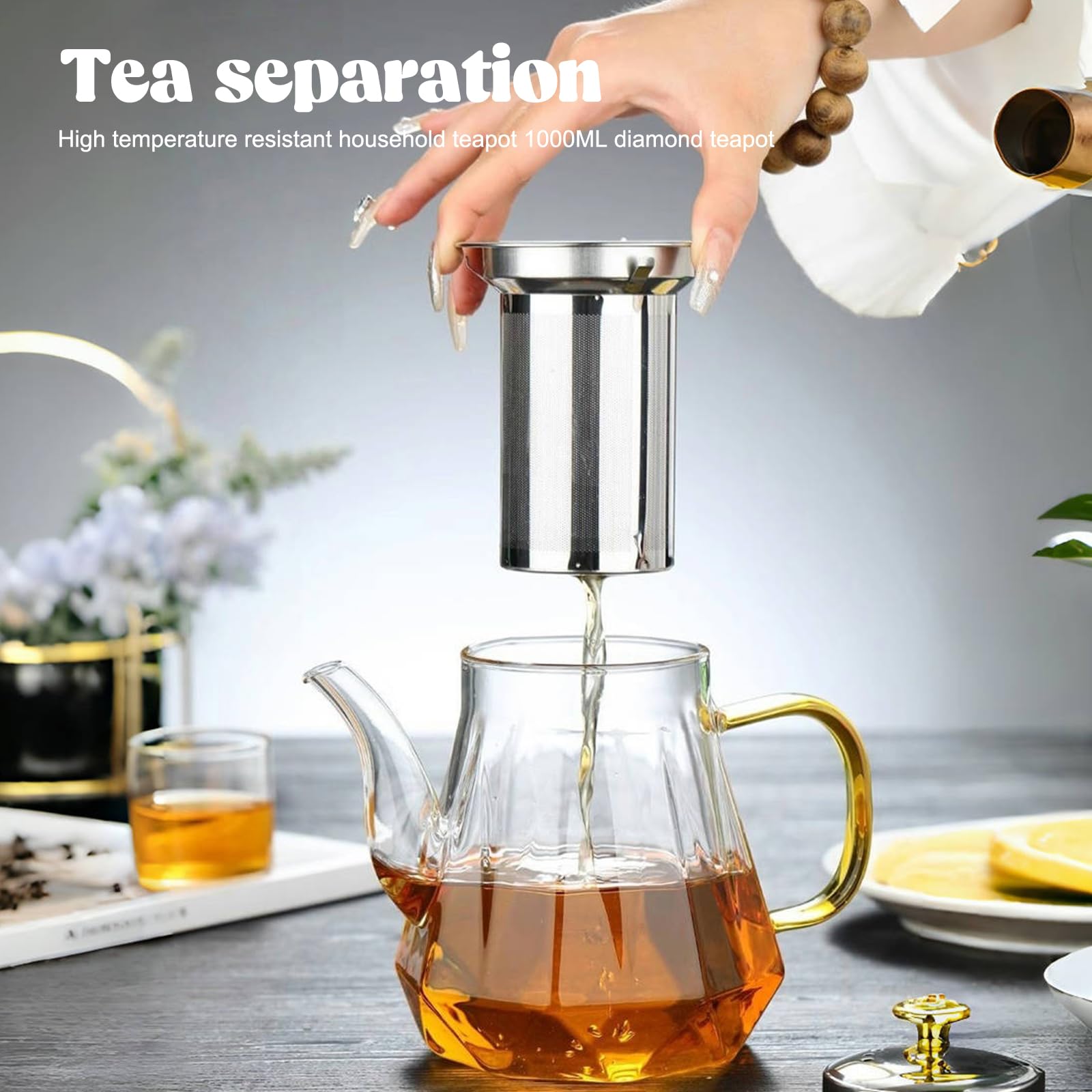 Teiera in vetro con colino, teiera in vetro, 1000 ml, teiera con filtro in vetro, resistente al calore, senza gocciolamento, per tè nero, tè verde, tè alla frutta profumata