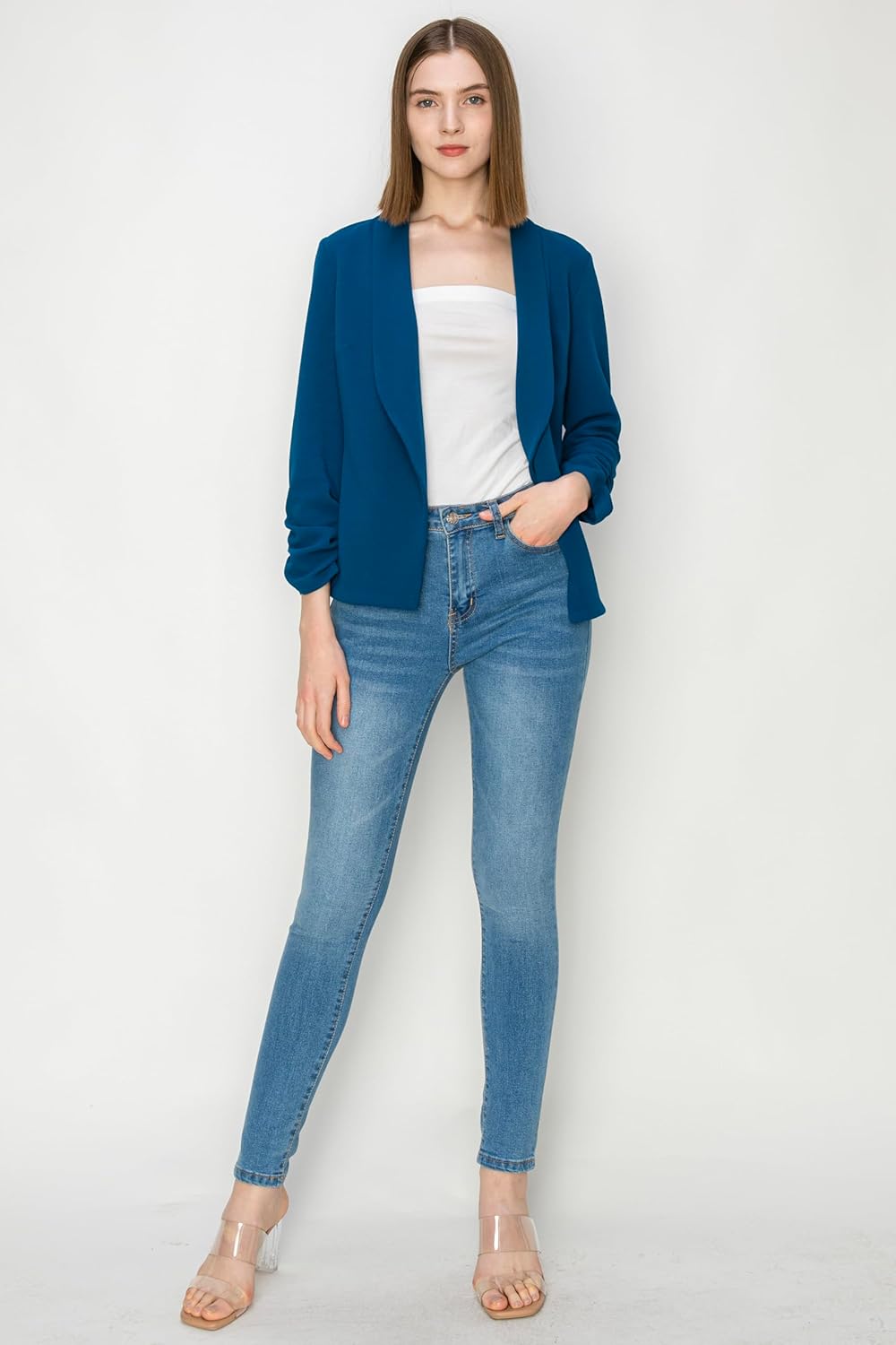 Women 3/4 Sleeve Blazer Open Front Cardigan Jacket Work Office Blazer - Image 3