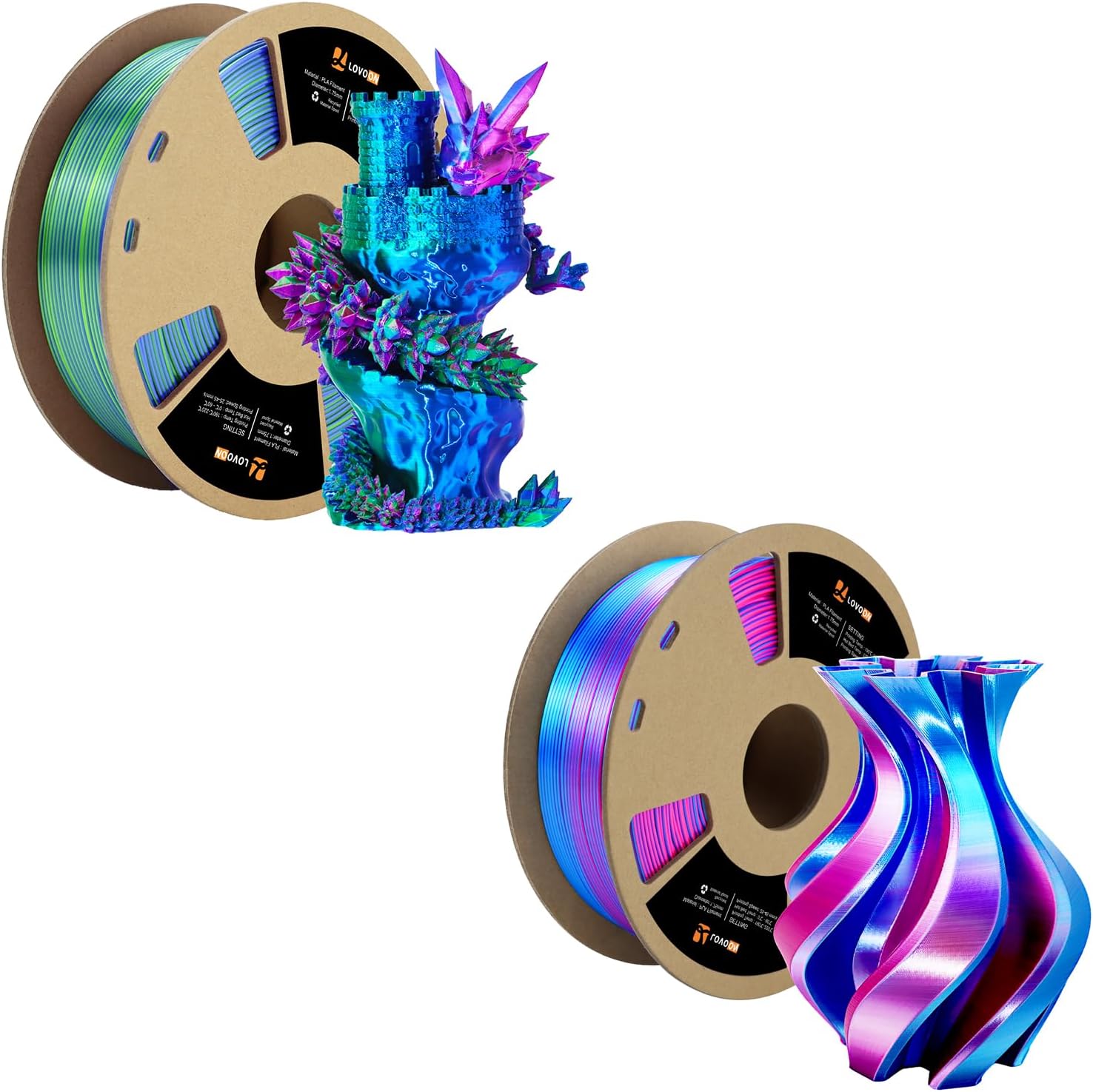 2 Pack PLA Printer Filament 1.75mm, Dualcolor Rose Red-Sky Blue& Tricolor Silk Green-Red-Blue, Dimensional Accuracy +/-0.02mm