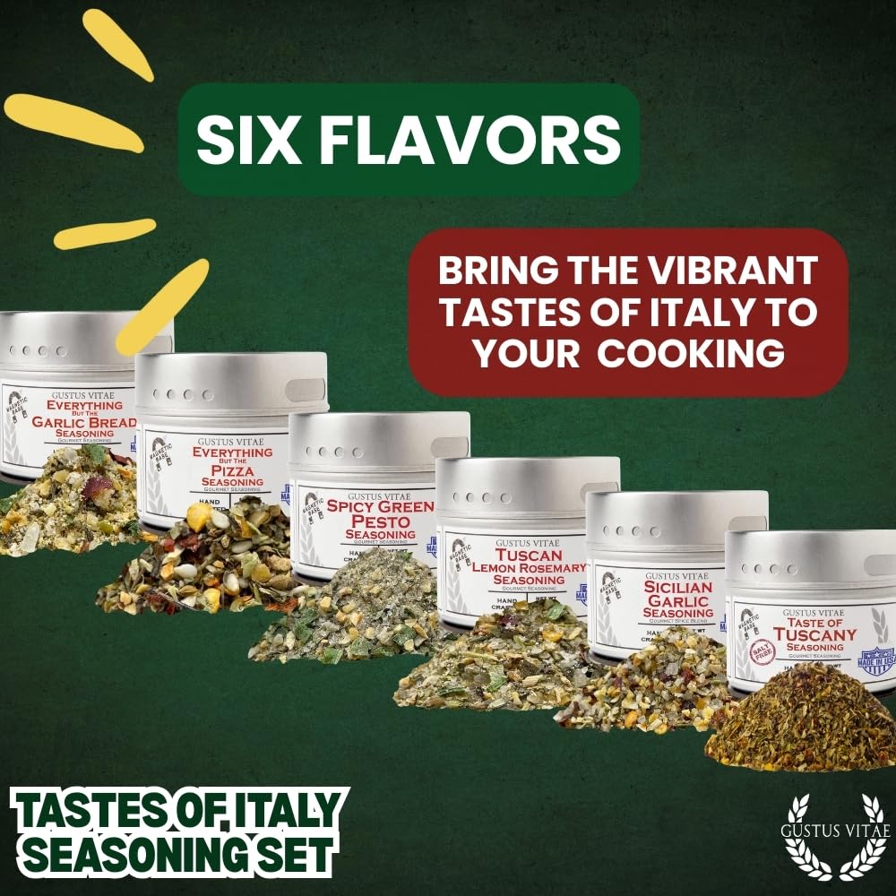 Italian Seasoning Gift Set | Tastes of Italy | Artisanal Spice Blends Six Pack | Non GMO, All Natural | No MSG, Gluten, Soy, Nuts | Small Batch, Hand Made Seasonings | No Artificial Ingredients, Ultra Premium | Made in USA | GLP-1 Friendly | Magnetic Tins | Gustus Vitae | All Occasion Gift