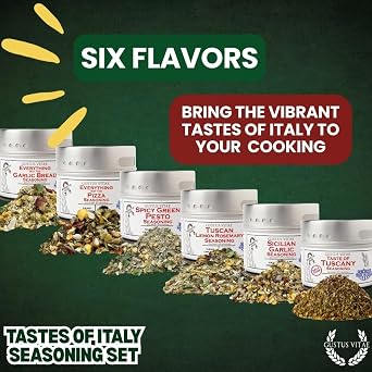 Italian Seasoning Gift Set | Tastes of Italy | Artisanal Spice Blends Six Pack | Non GMO, All Natural | No MSG, Gluten, Soy, Nuts | Small Batch, Hand Made Seasonings | No Artificial Ingredients, Ultra Premium | Made in USA | GLP-1 Friendly | Magnetic Tins | Gustus Vitae | All Occasion Gift