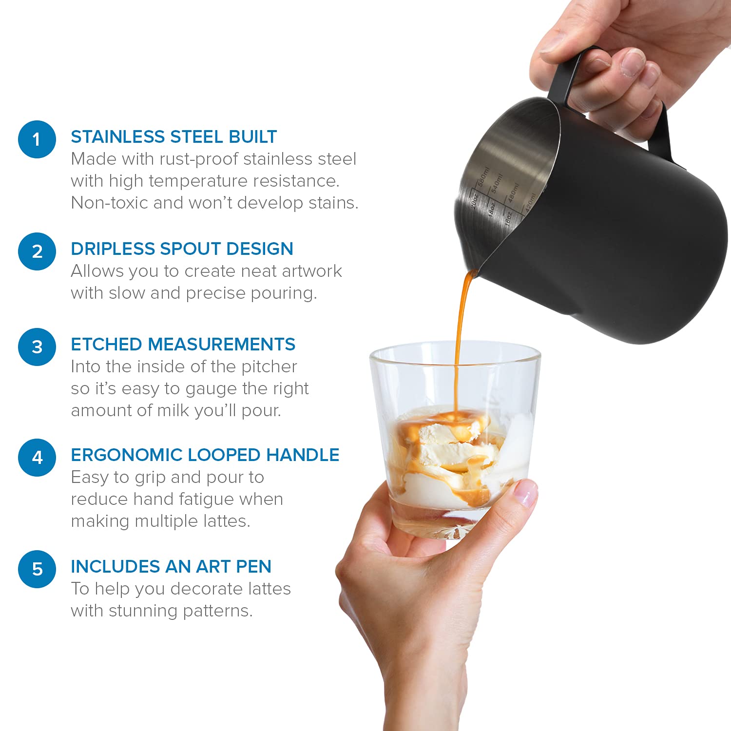 Joeji's Kitchen Milk Froth Jugs 600 ml de acero inoxidable - Negro