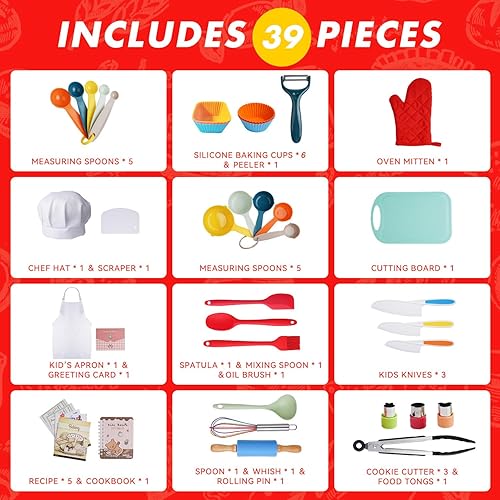 Miniatura 3 de Juego de cocina para niños, utensilios de cocina reales con guía de herramientas de cocina para niños con delantal de chef sombrero y accesorios de