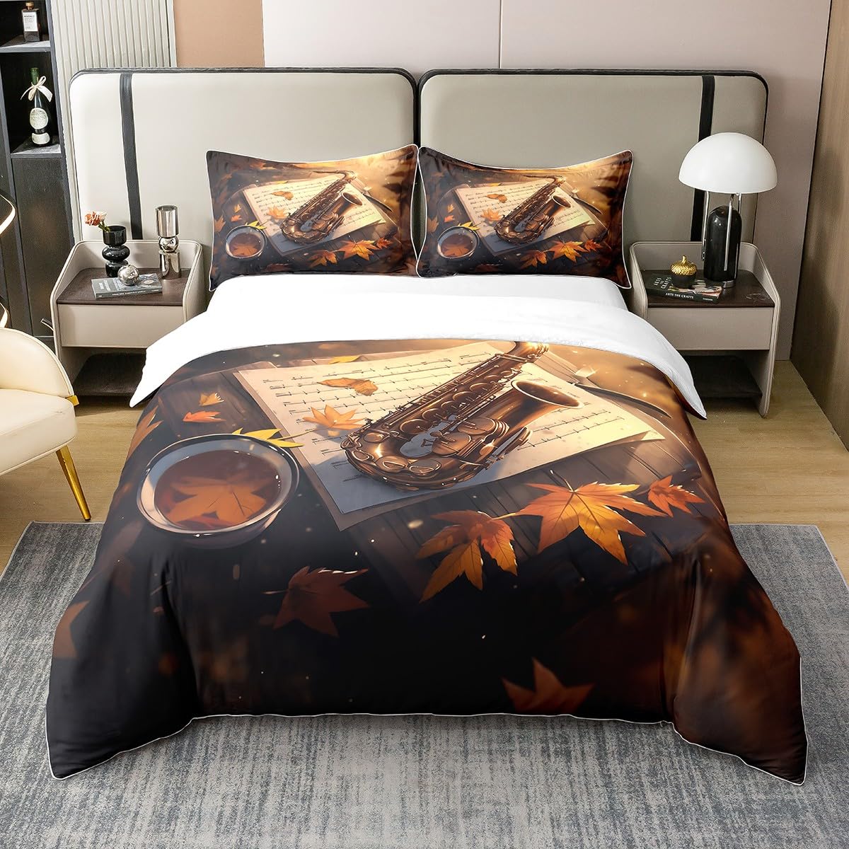 Housse de couette 135x200 coton bio motif saxophone jazz