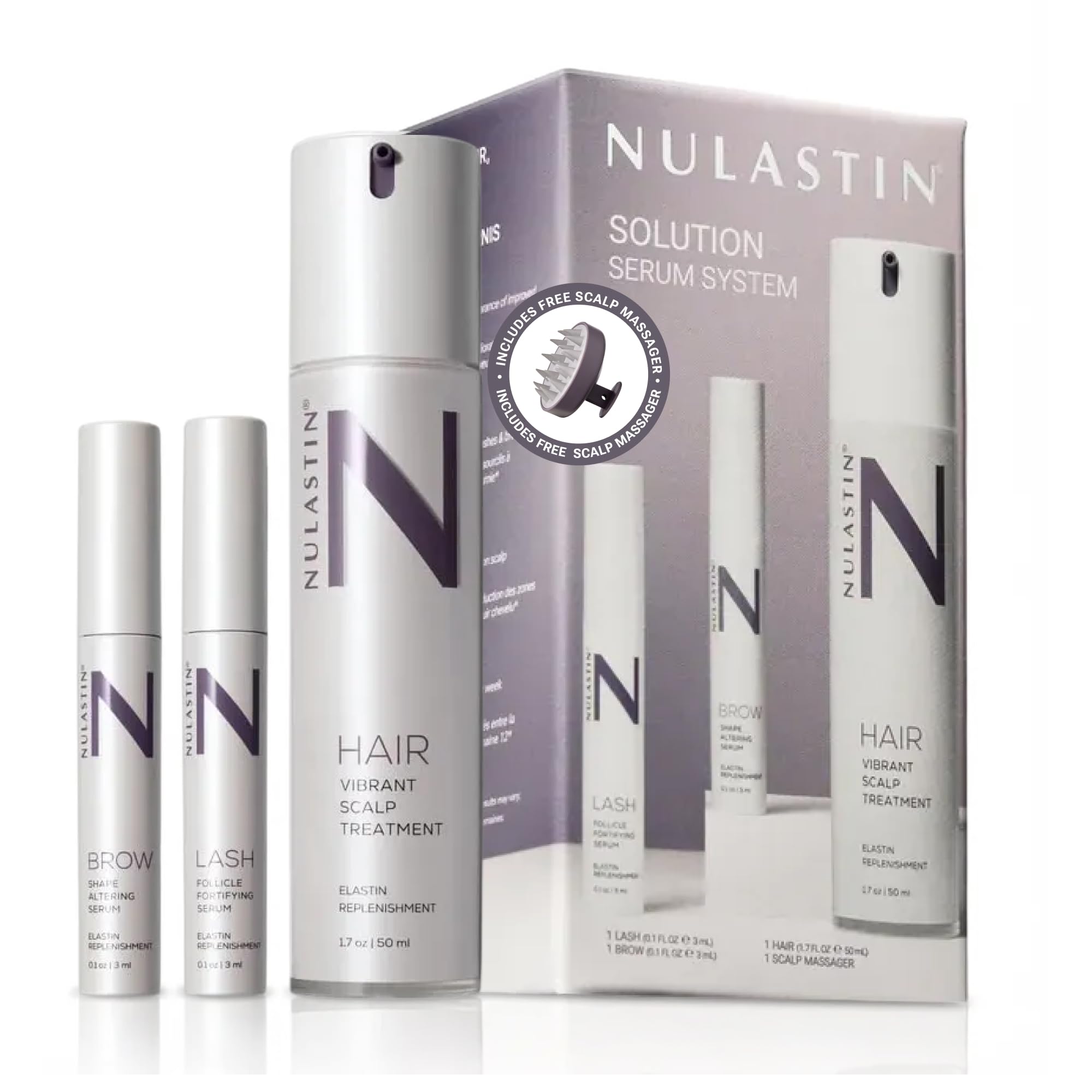 NULASTIN Solution Serum System - Lash Serum (0.1 Fl Oz), Scalp Treatment (1.7 Oz) + Brow Serum (0.1 Fl Oz) - Travel Gift Set for Fuller Lashes,