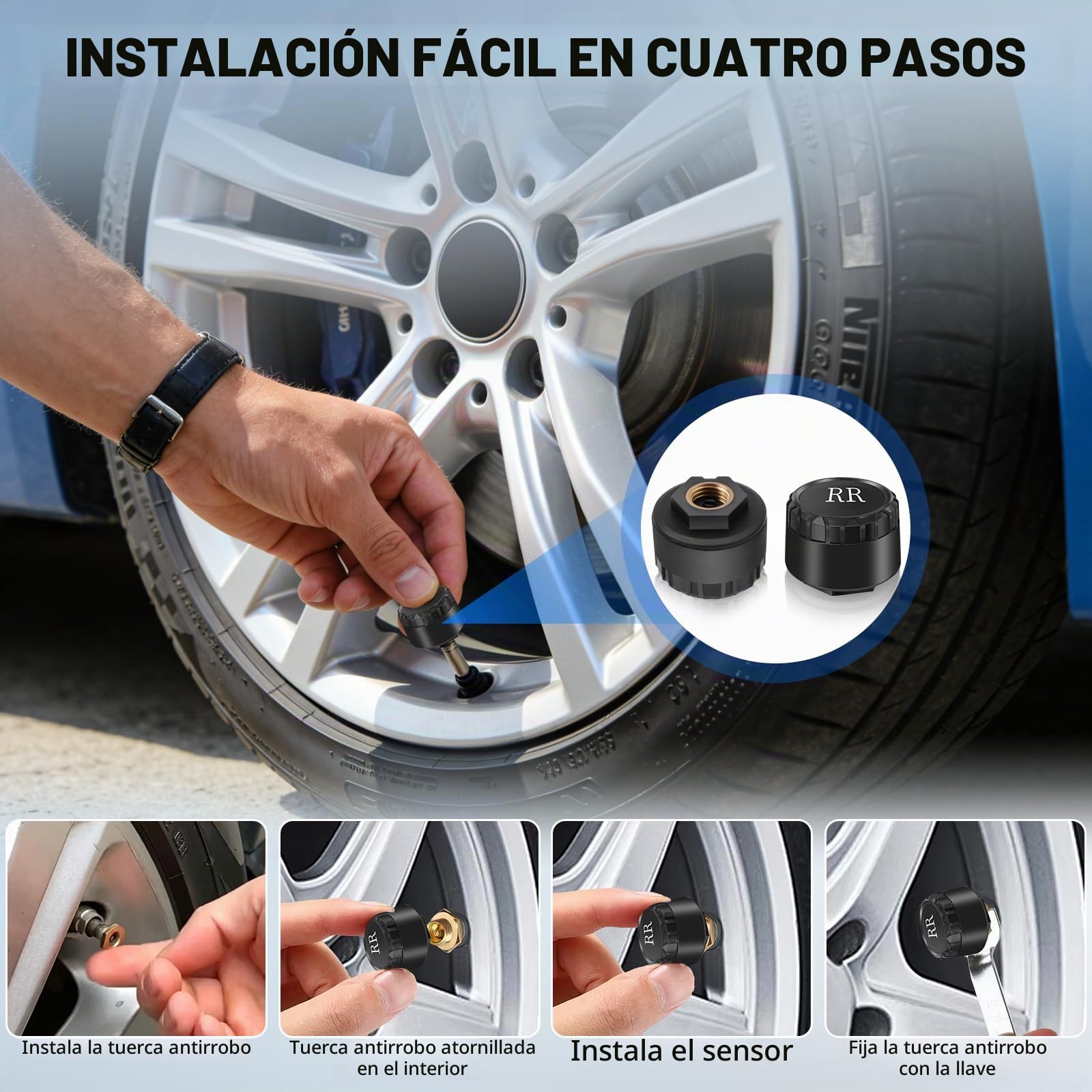TPMS Sistema de Monitoreo de Presión de Neumáticos Solar 0-199 PSI | 6 Modos de Alarma, Indicador de Pendiente/Velocidad/Altitud/Hora, con Pantalla LCD, con Sensor de Cobre IP67 para Coche