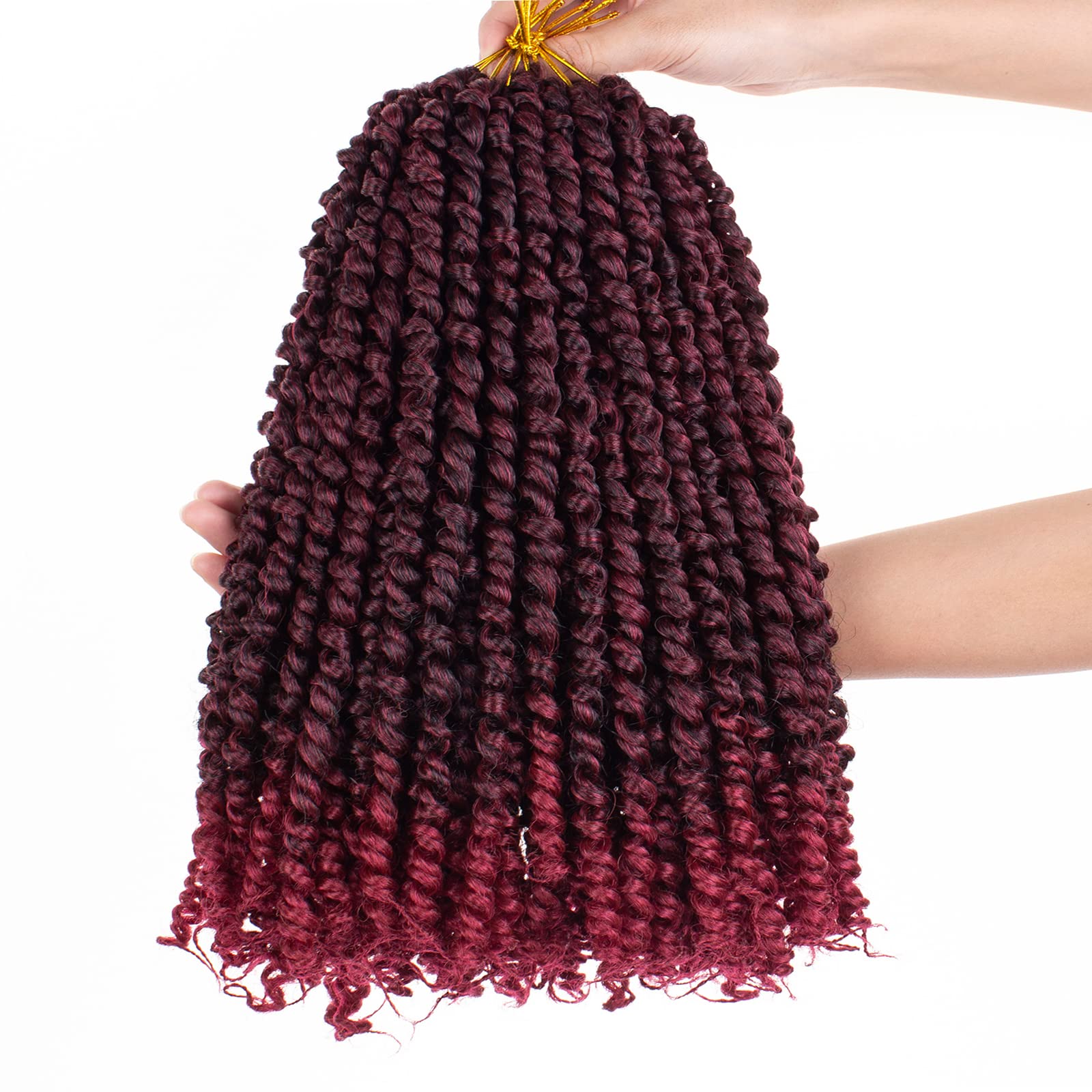 Leeven 12 Inch Pretwisted Passion Twist Hair 8 Packs Ombre Burgundy Pre Looped Red Water Wave Crochet Hair Short Curly Bohemian Braids Synthetic Hair Extensions for Black Women (12Strands/Pack #TBUG)-image-30