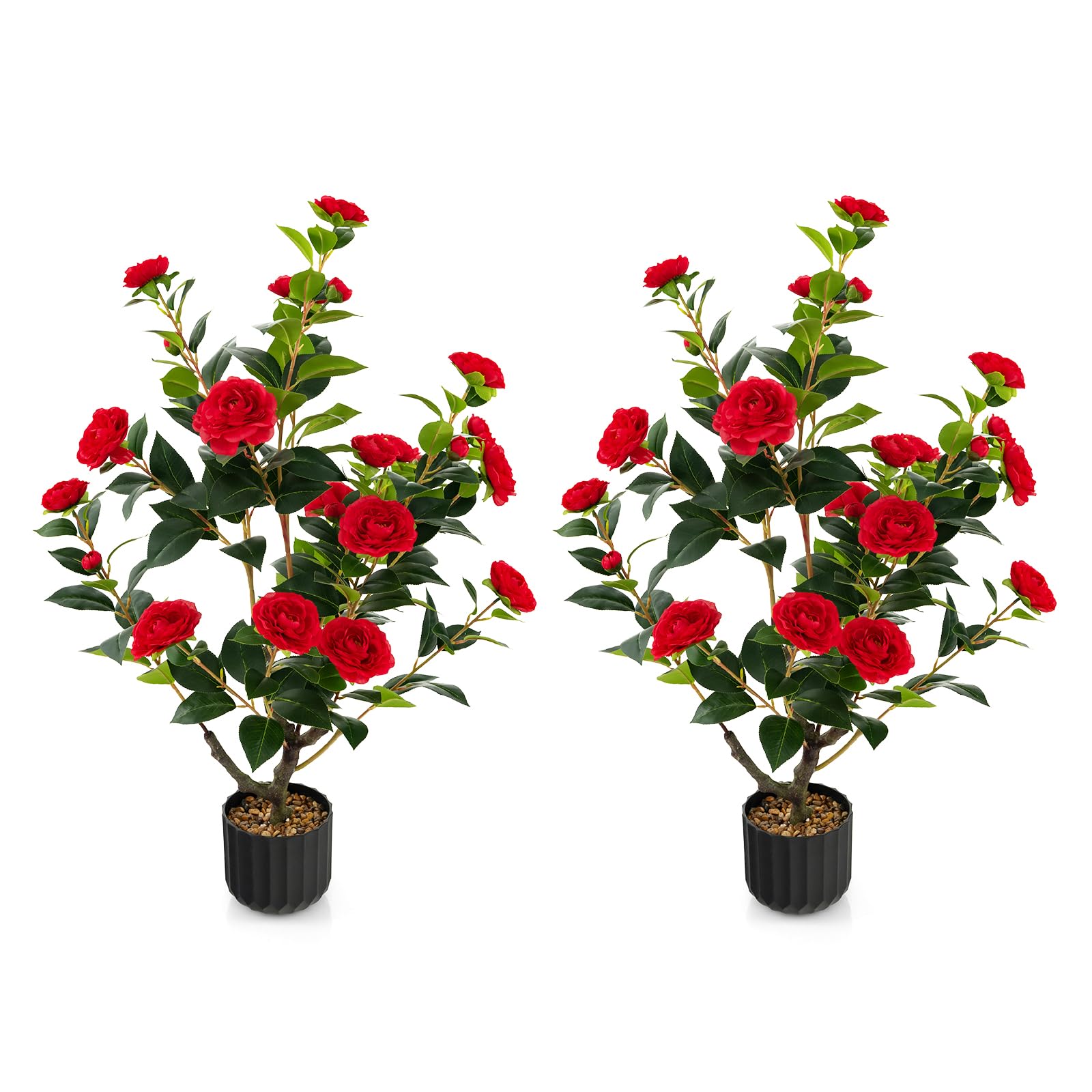 COSTWAY 95cm/3ft Artificial Camellia Tree, 1/2 PCS Faux Blooming Camellia Plant with 24/48 Flowers & Rain-Flower Pebbles, Fake Floral Plants in Cement Pots for Home Office Decor (2, Red)