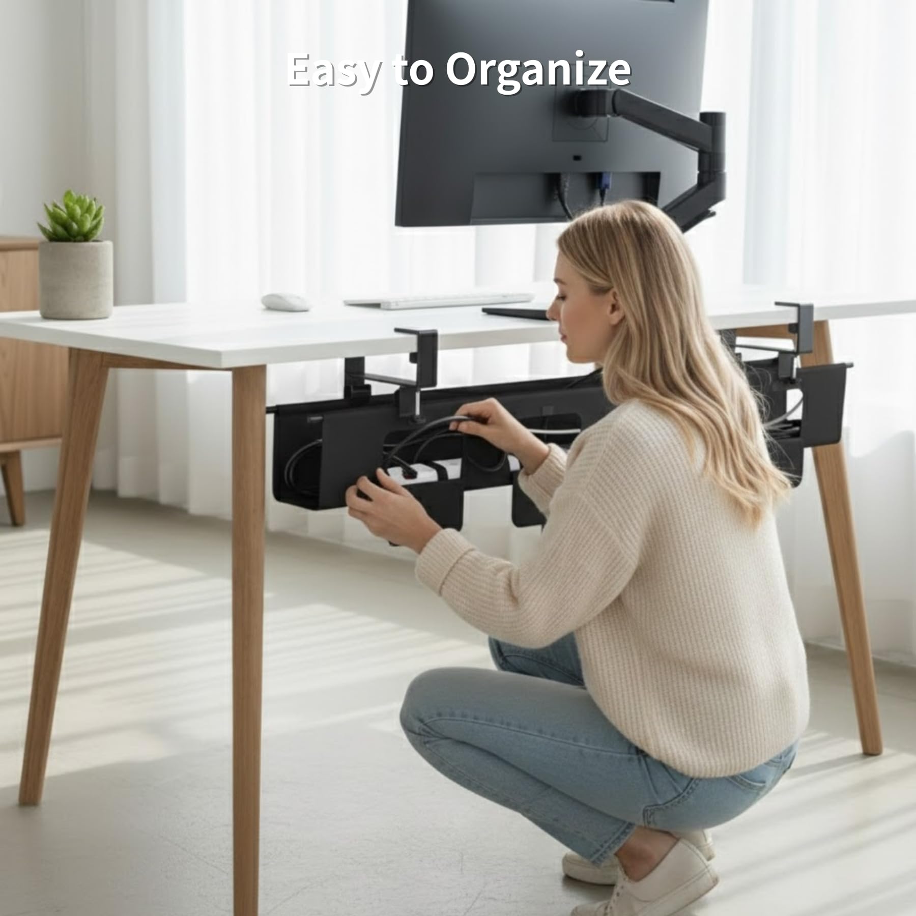 Bandeja de gestión de cables para debajo del escritorio, organizador de cables de 47.5 pulgadas para mesa, gestión de cables resistente para oficina y hogar, color negro