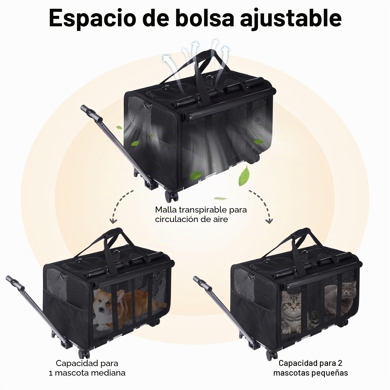 Portamascotas extragrande con dos compartimentos y ruedas desmontables para gato/perro, transportador plegable para 2 gatos, bolsa de viaje para paseo/camping (negro)