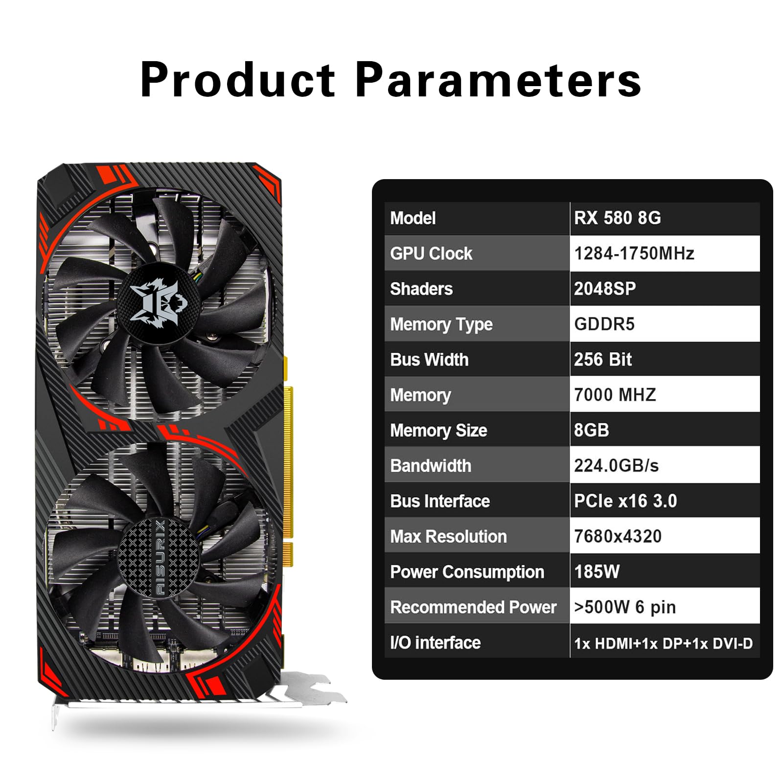 AISURIX RX 580 Graphics Card 8GB GDDR5 2048 SP PCIe 3.0 Dual Fan Cooling DirectX 12 256-Bit HDMI/DP/DVI Outputs Video vard for Gaming PC and Streaming