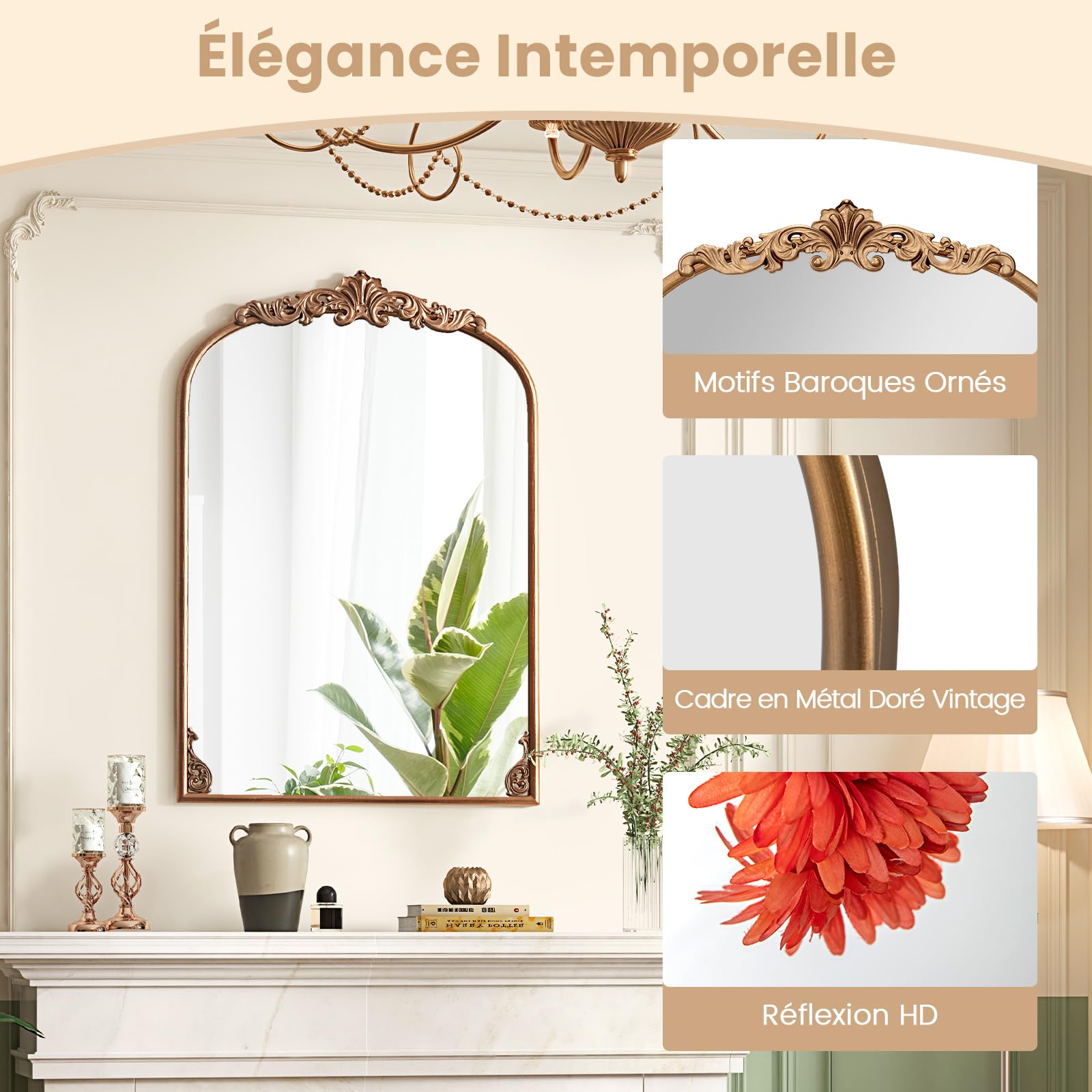 COSTWAY Miroir Mural Arch, Cadre en Métal, Grand Miroir Mural Baroque pour Salon Chambre Entrée, Réflexion HD, 2 Crochets de Suspension, Installation Facile (95 x 66 cm)