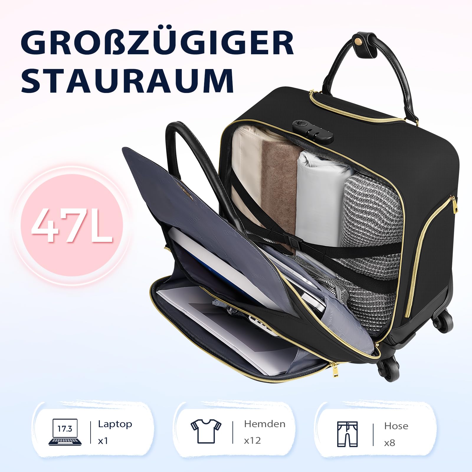 Ytonet Business Trolley Damen mit 4 Spinner-Räderm, Laptop Trolley 17.3 Zoll für Damen, Aktenkoffer mit Rollen mit Organizer-Tasche Zahlenschloss Pilotenkoffer mit Rollen für Reisen Arbeit, Schwarz