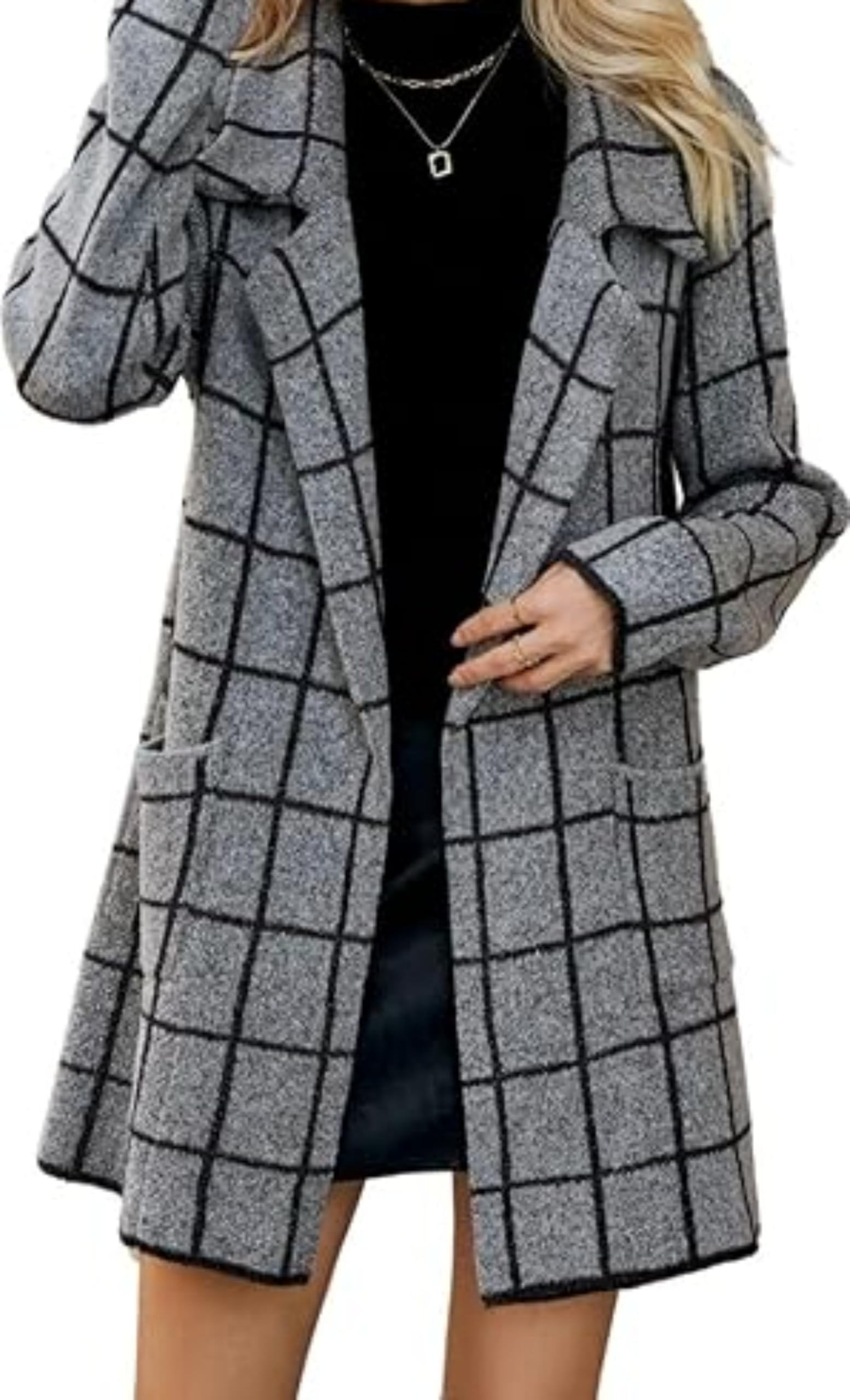 Womens Plaid Lapel Front Cardigan Sweater Button-Down Long Business Casual Knit Cardigan Sweater Suit Jacket