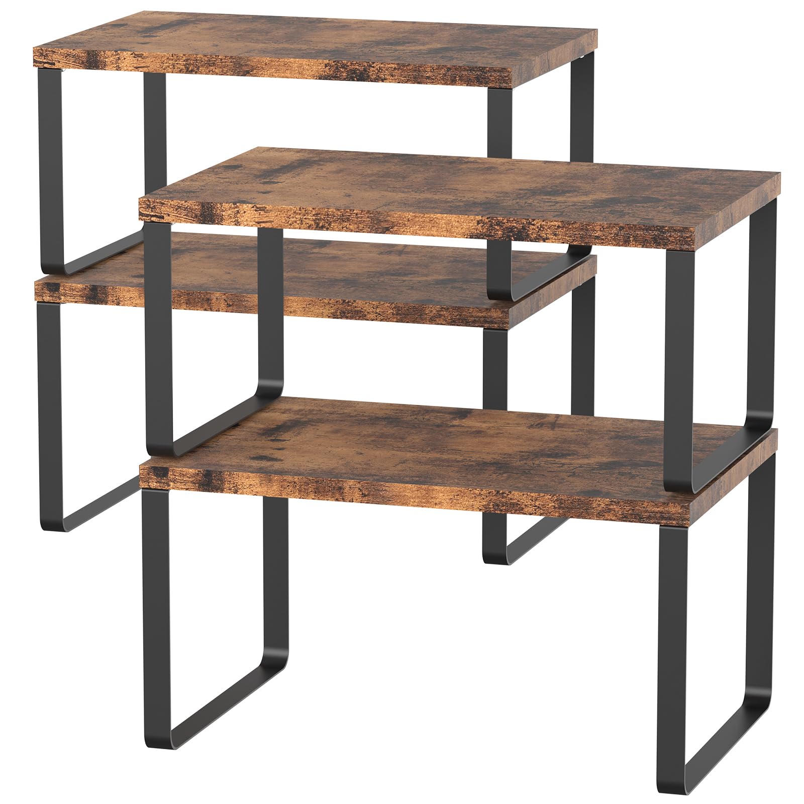 Set of 4 Counter Shelves Kitchen Stackable Cabinet Shelf Wood Organizer Expandable Counter Top Racks Brown Bathroom Counter organizer