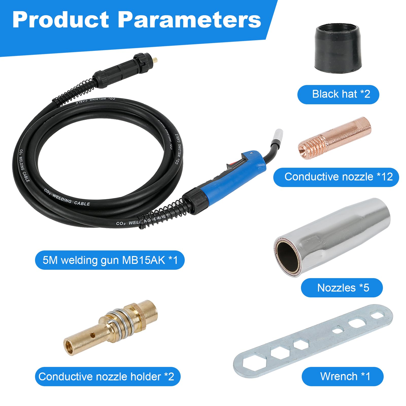 MIG MAG - Antorcha de soldadura MB 15AK 5 m, paquete de manguera, gas protector, ligero, cabezal flexible para soldadores de CO²