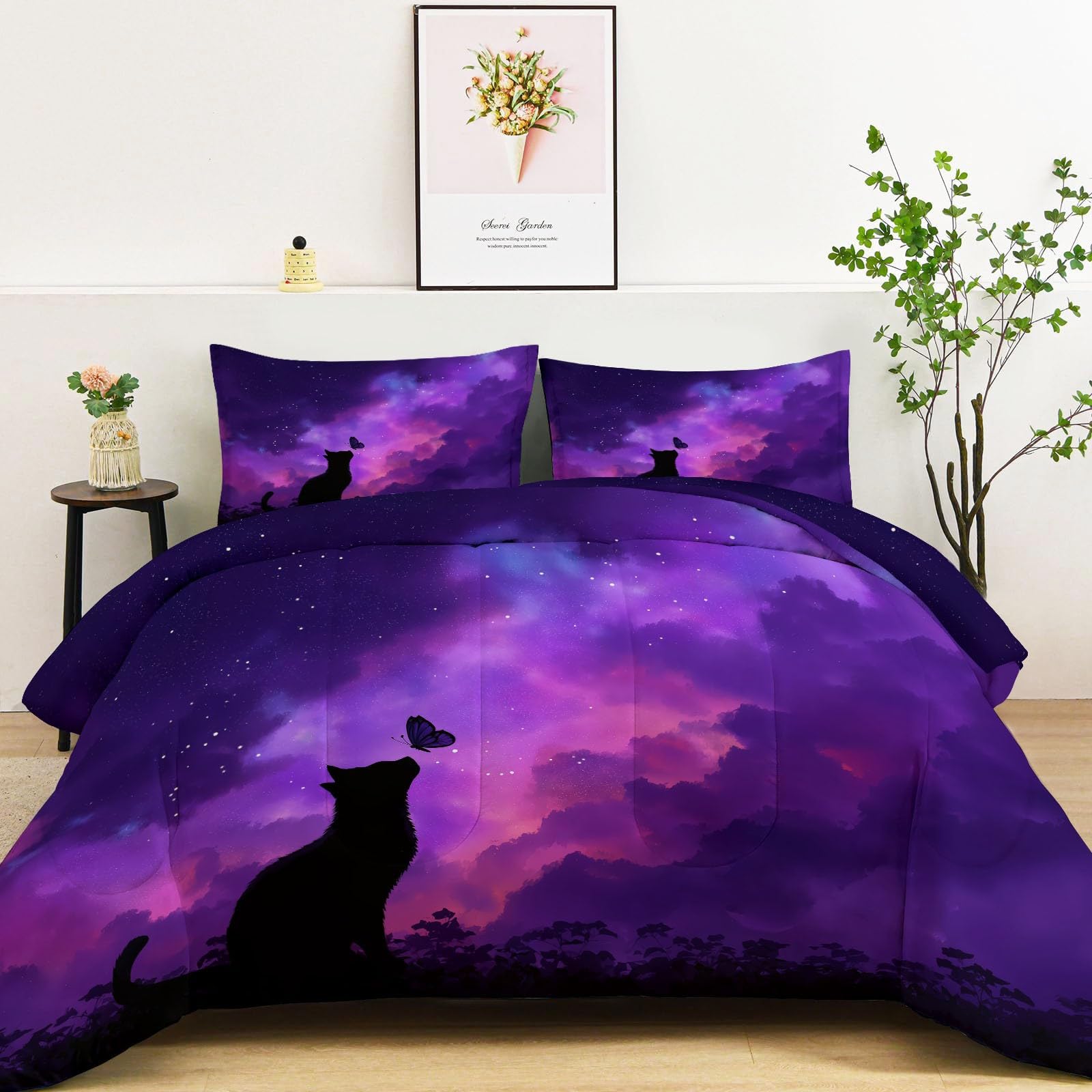 Fantasy Style Quilted Comforter Set Queen Size, Black Cat Silhouette Starry Sky Lightweight 3 Pieces Bedding Set, Purple Soft Warm Down Comforter 90" x 90" Quilted Bedding Sets for Girls Boys Kids