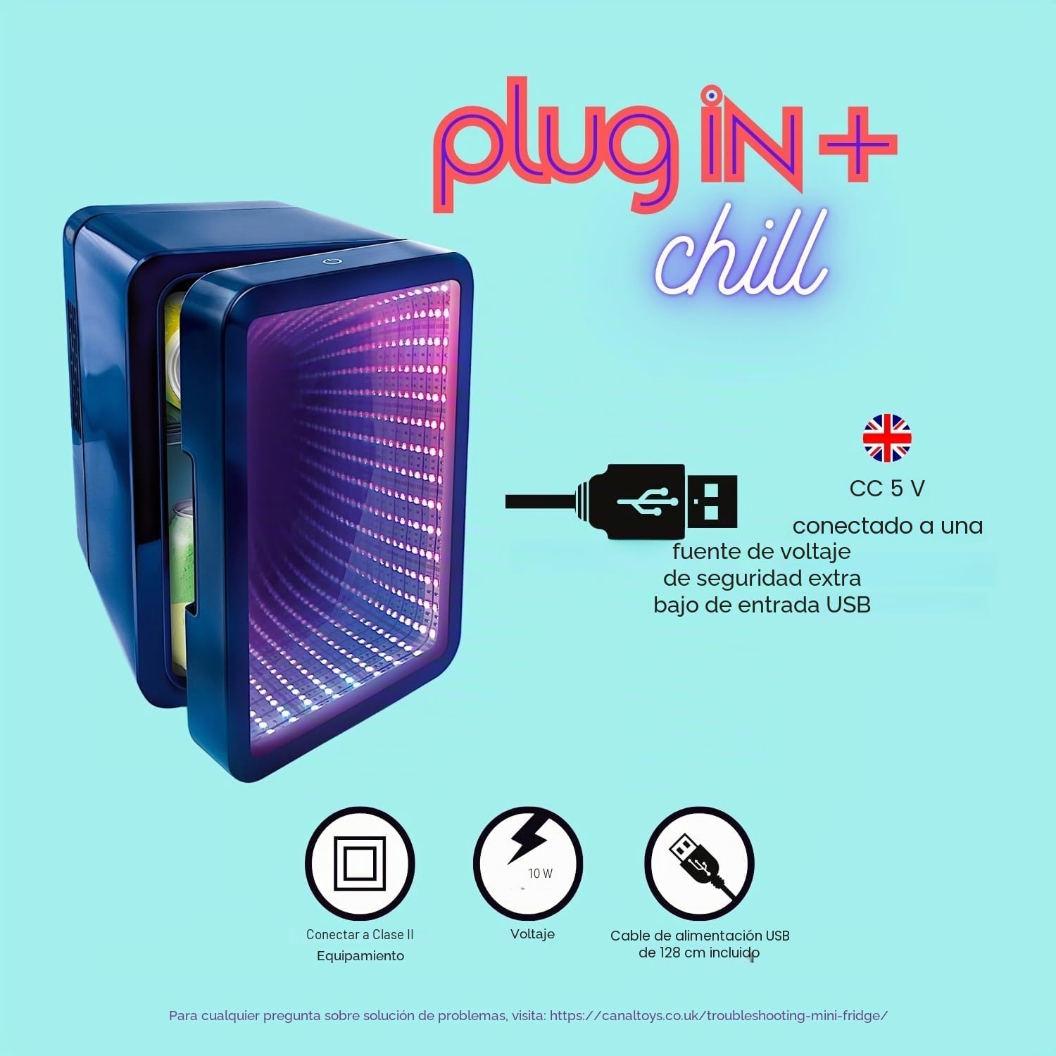 So Chill - Mini nevera con efecto LED infinito, jugadores, estudiantes, viajes en casa/coche, Hangouts + más, alimentado por USB, calcomanías incluidas, 6 latas regulares, puerta con efecto espejo