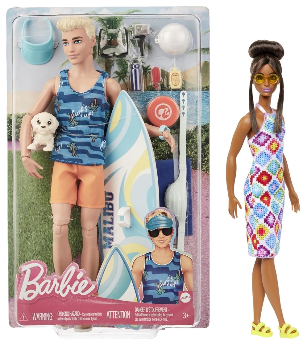 Barbie ​Ken® Doll with Surfboard and Pet Puppy Fashionistas™ Doll #210 with Brown Hair in Bun, Wearing Colorful Crochet Halter Dress, Sunglasses and Sandals