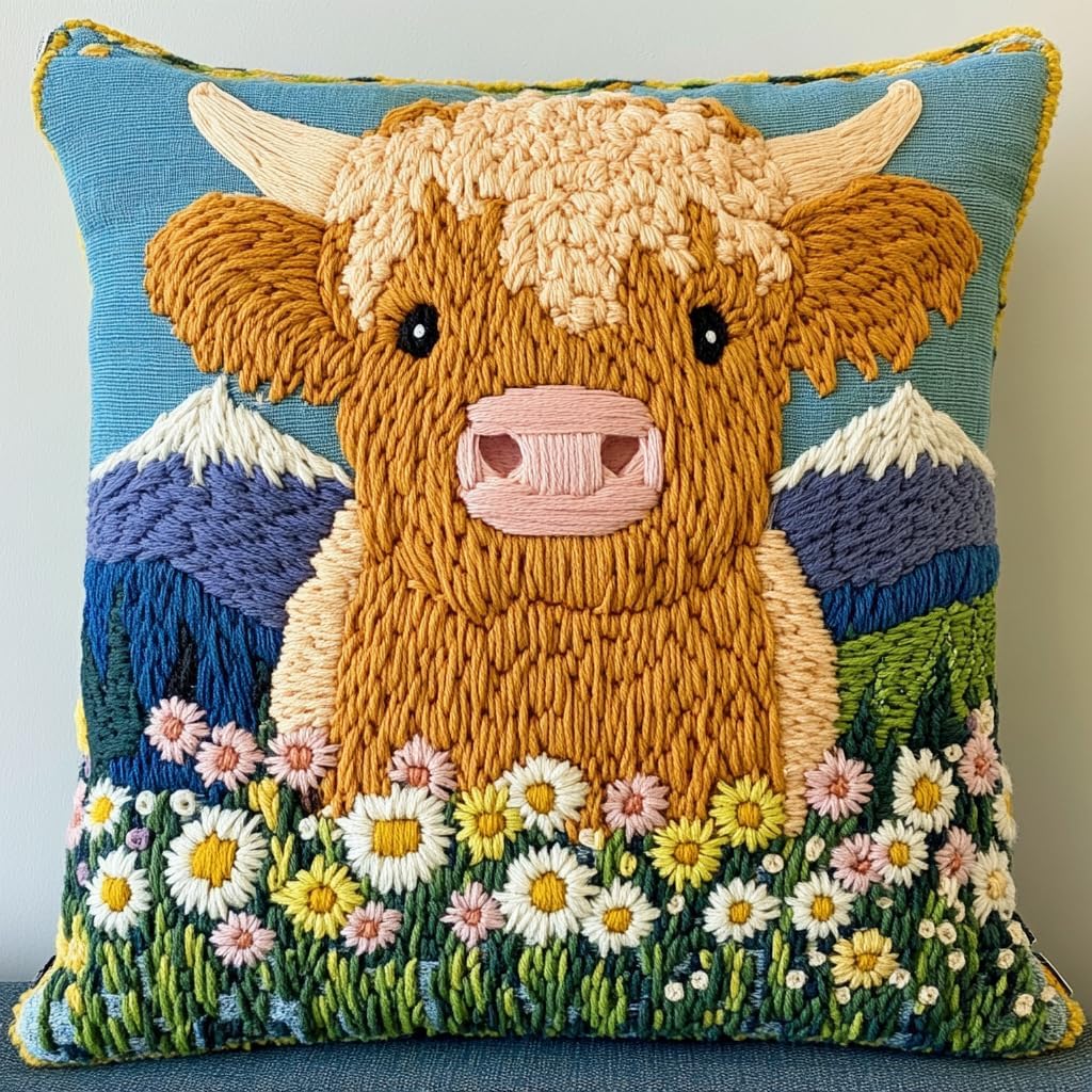 DIY Punch Needle Pillow Kit Highland Cow Daisy and Mountains with Pattern and Hoop Handmade Embroidery Punch Needle Starter Pillowcase Set for Home Sofa Decor 43x43cm-1-4