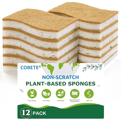 COBETE 12 Pack Natural Biodegradable Kitchen Non Scratch Sponges,Compostable Plant