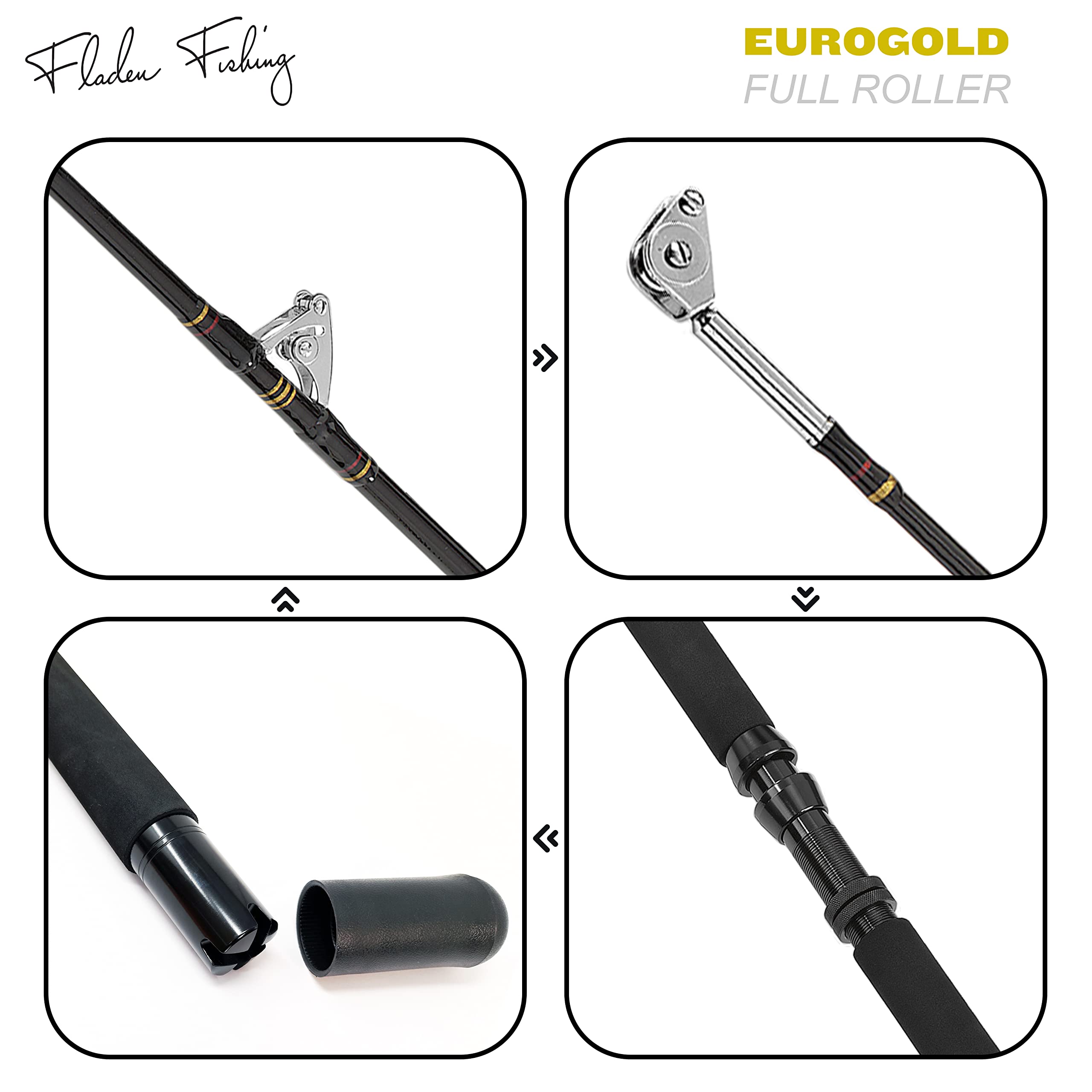 Fladen Canna da pesca Euro Gold da 1,85 m, per pesca a traina offshore Deep Sea (2 sezioni vuote), canna da barca nero/oro, tre pesi 13,6-22,7 kg, 22,7-36,3 kg, 36,3-59 kg