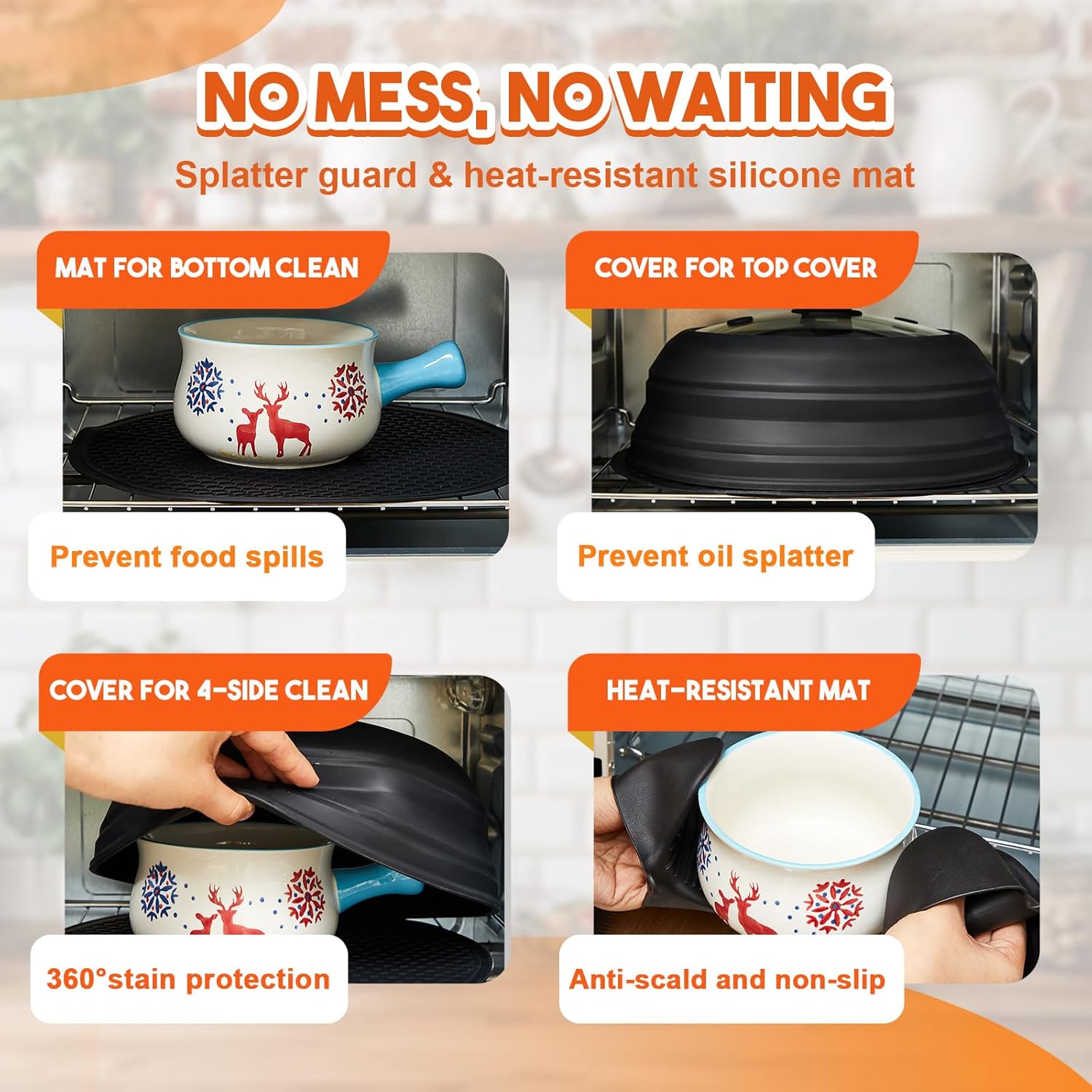 5 Pcs 10.8 Inch Microwave Splatter Cover Collapsible Microwave Cover for Food with Silicone Round Kitchen Mat and Silicone Grip Handle Set for Prevents Splatters & Ensures Even Heating